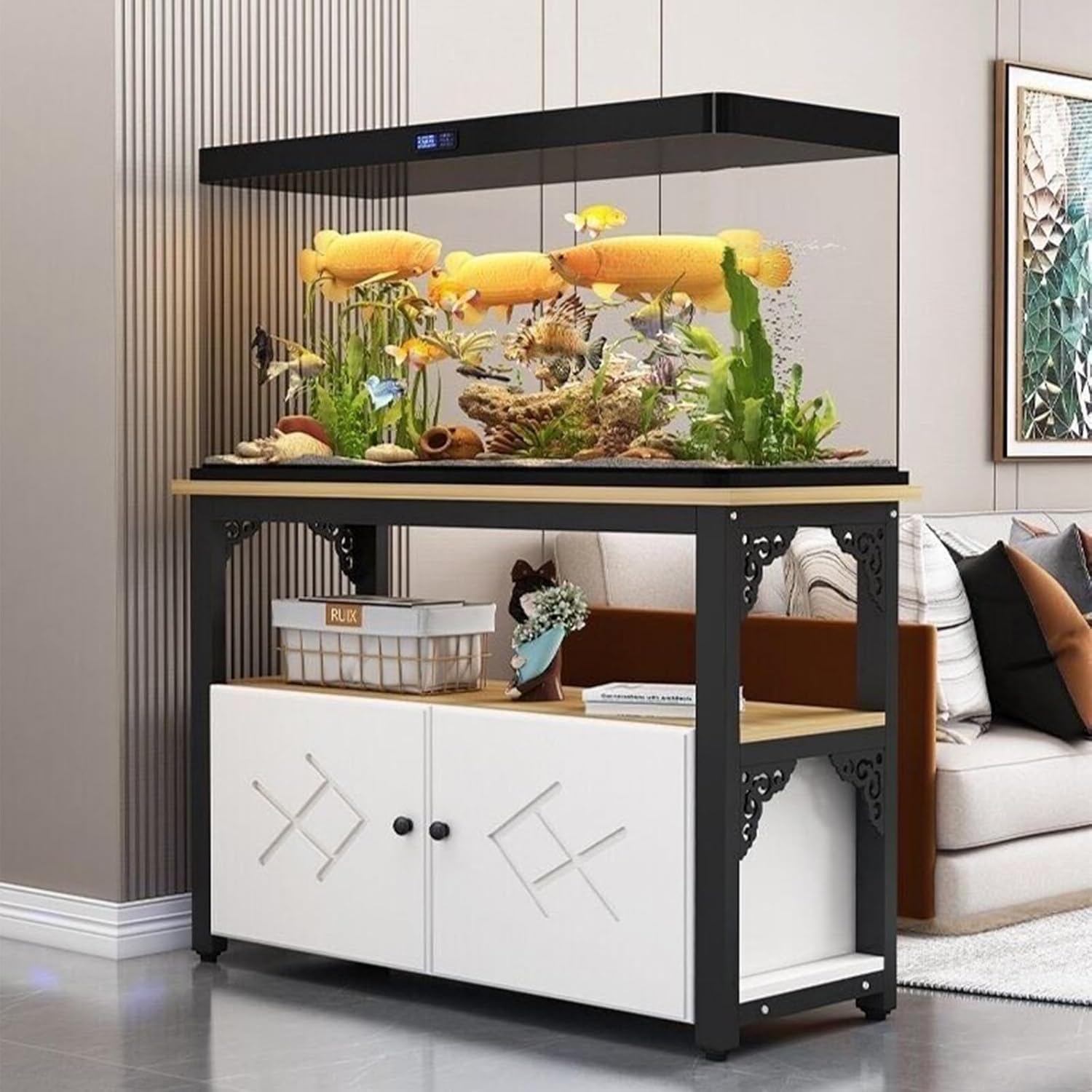 20 Gallon Fish Tank Stand, Reptile Turtle Tank Stand for Home Office, Aquarium Stand with Cabinet for Fish Tank Accessories Storage, 1000LBS Black Frame + White 120x30x70cm