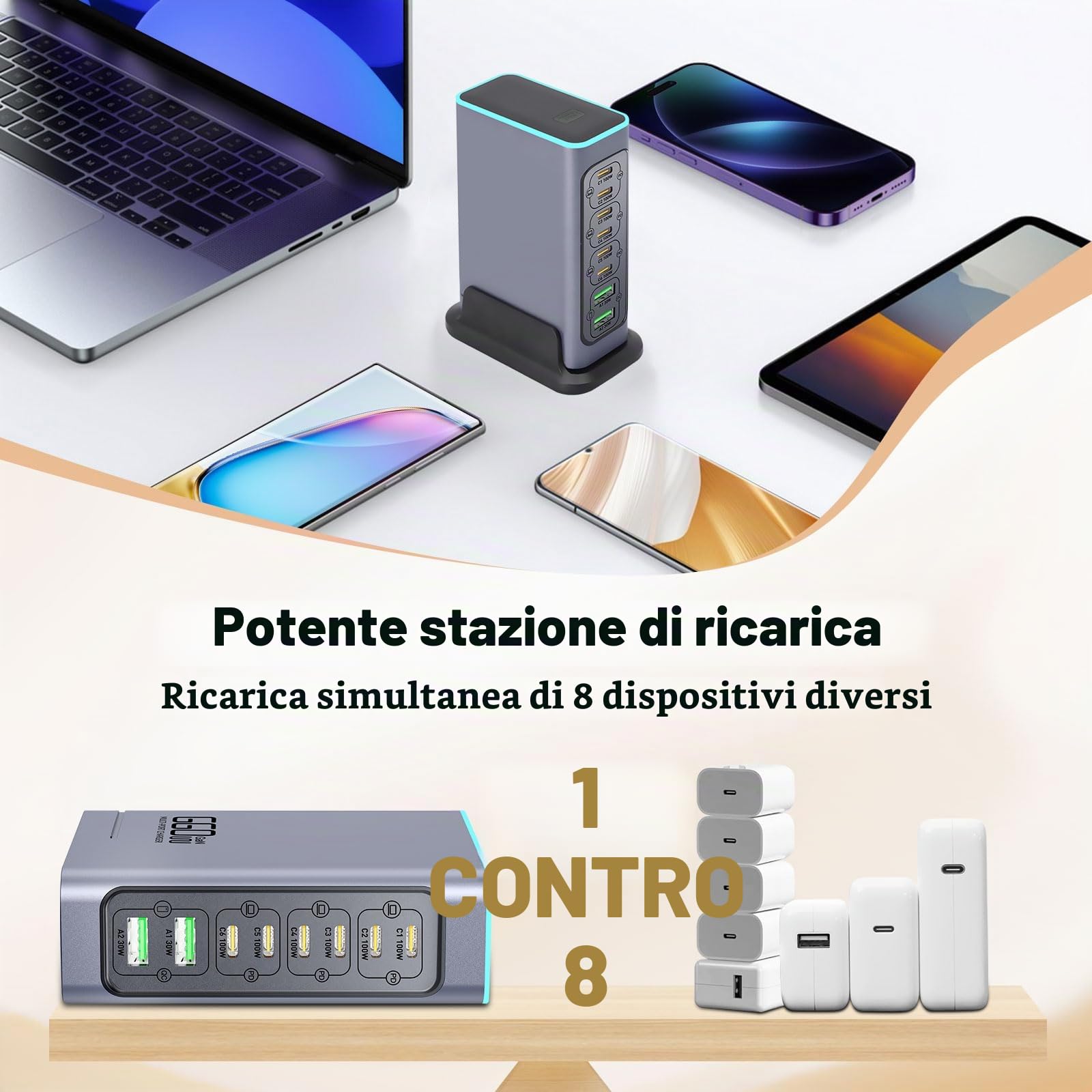 660W Caricatore USB Multiplo - 8 Porte (6 USB-C + 2 USB-A) con Ricarica Rapida, Stazione di Ricarica Compatta per Multi Dispositivi, Compatibile con MacBook, iPad, iPhone, Galaxy S22/S20, DELL, HP