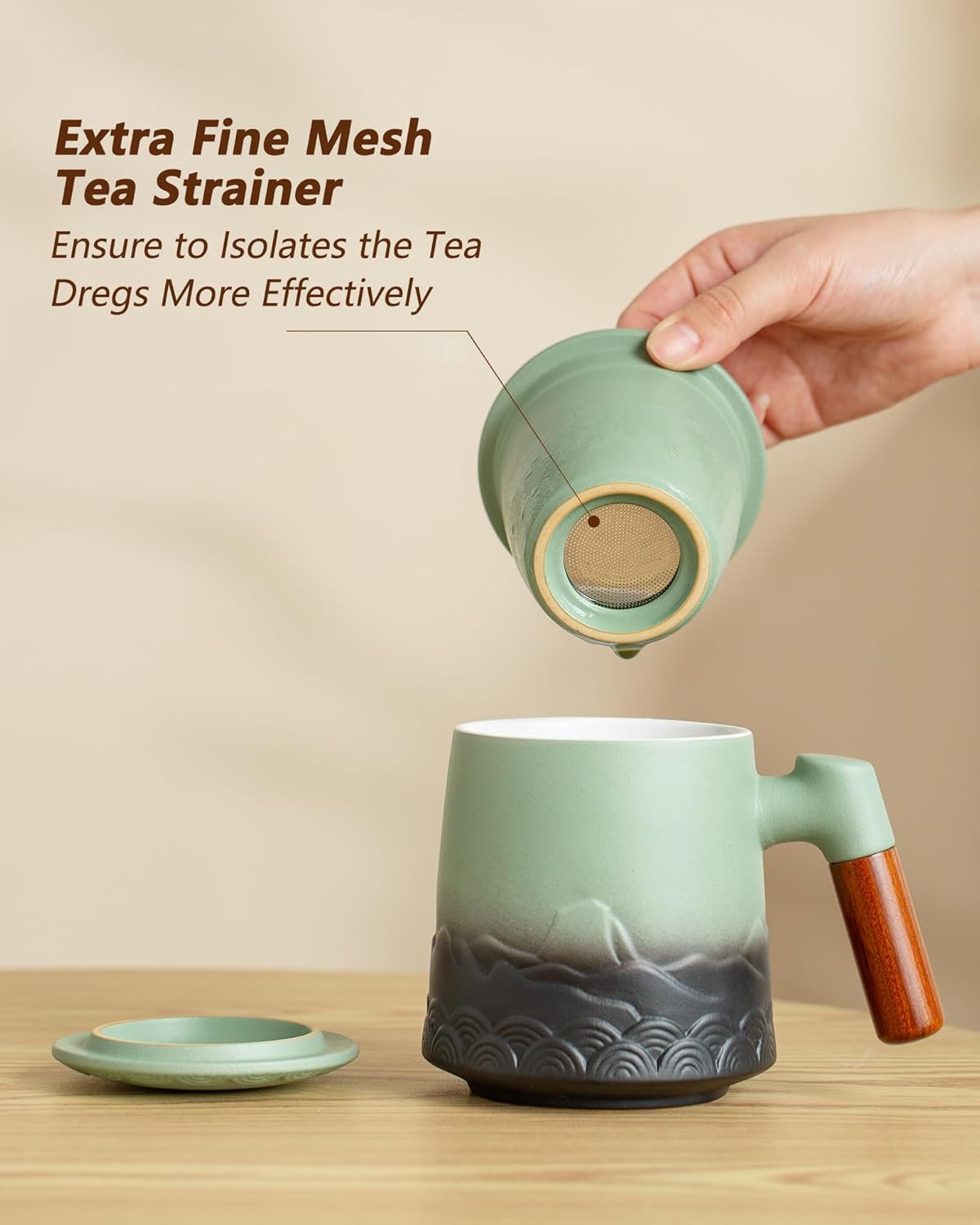 ZENS Tea Mug with Infuser and Lid for Loose Leaf Tea Steeper, 16.9 oz Embossed Ceramic Tea Cup with Fine Strainersand Wood Handle, Diffusers Accessories for Tea Lovers Gifts - Image 4