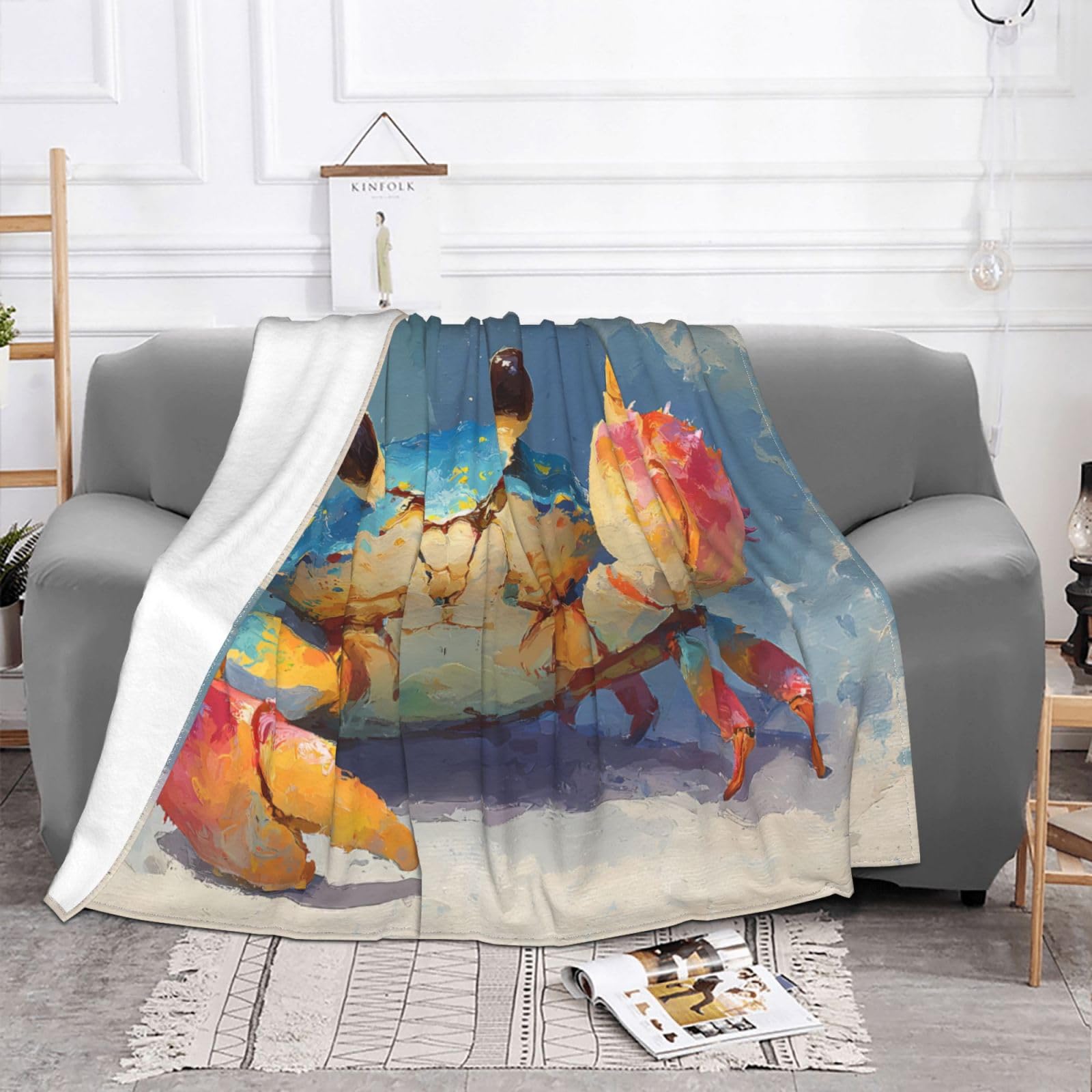 Manta de viaje portátil de 80 x 60 pulgadas, suave, resistente a las arrugas, plegable, exquisito estampado de cangrejo con pulgares hacia arriba