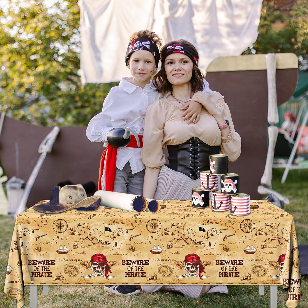 3 manteles de fiesta pirata, mapa del tesoro, decoración de fiesta de cumpleaños pirata, desechable, cuidado con el pirata, cubierta de mesa temática para fiestas de navegación pirata