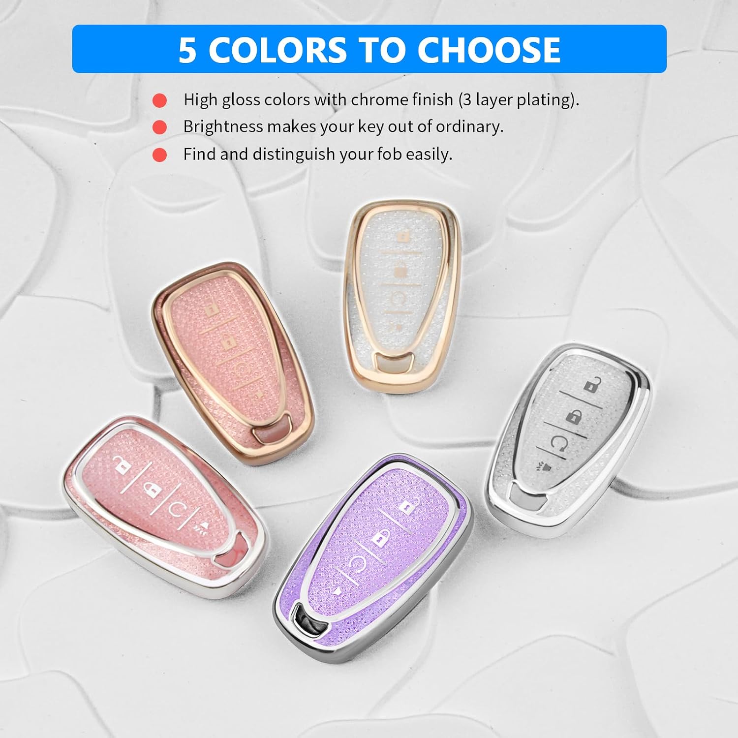QBUC for Chevy Key Fob Cover with Diamond Keychain, 4 Buttons Key Case Compatible with Chevrolet Equinox Malibu Camaro Cruze Traverse Blazer Trax Volt Bolt Key Protector for Women(S-White)