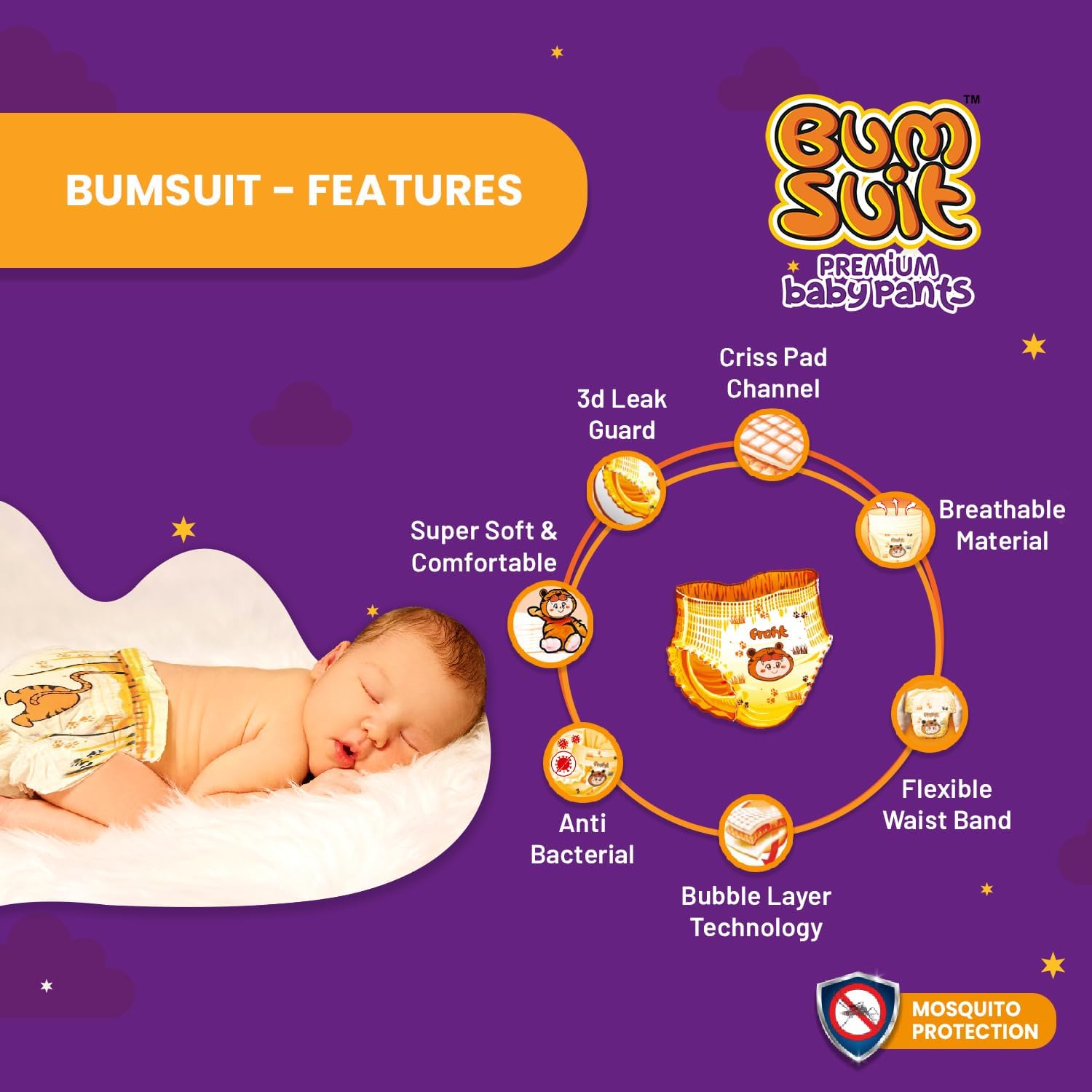 Bumsuit Premium Baby Pants Diapers Medium (7–12kg), 32 Count | India’s 1st Mosquito Protection | 12 Hr Absorption | Soft Cottony Breathable Fabric | 3D Liner Technology | Leak Guard & Rash-Free Comfort 2