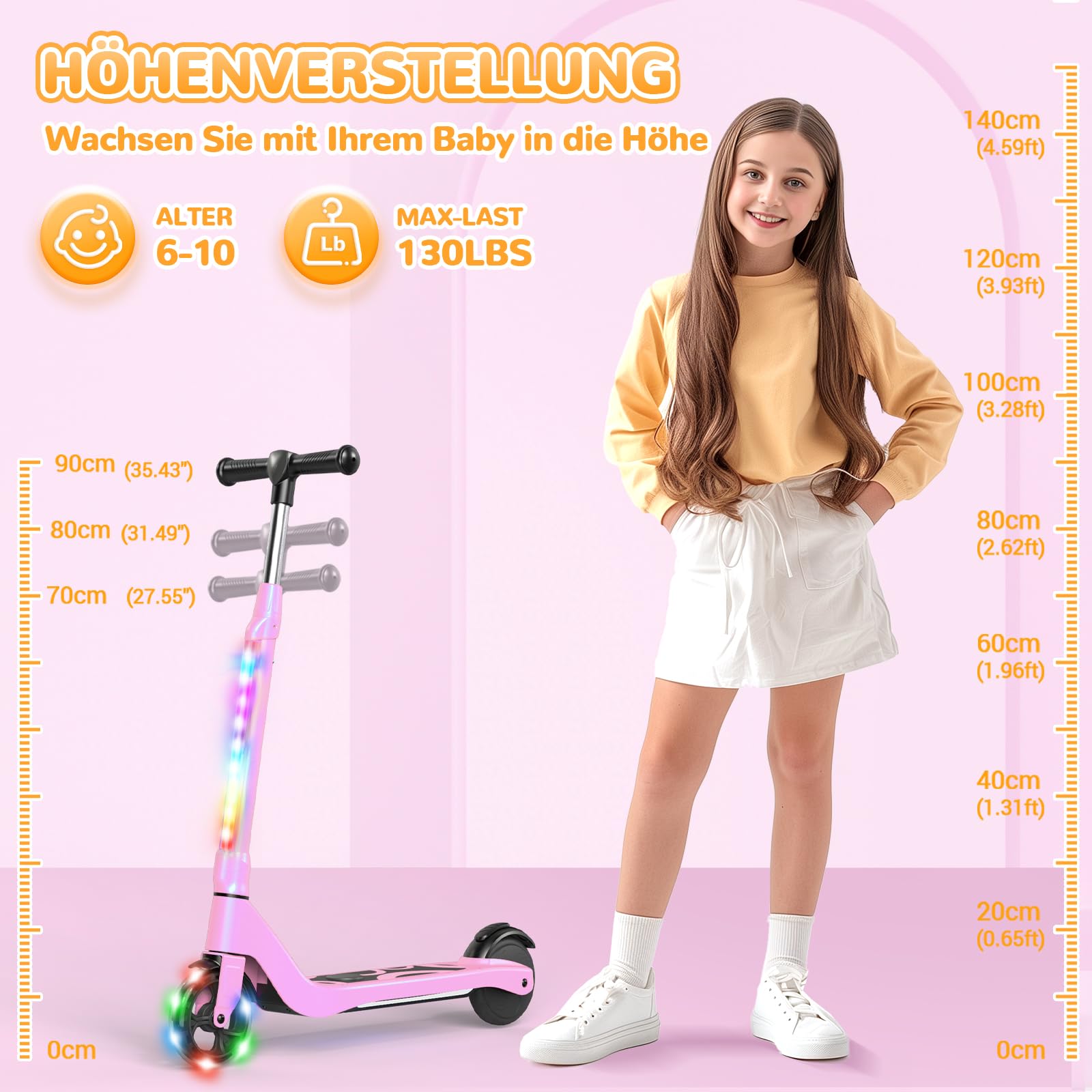 SISIGAD E Scooter Kinder für 6-10 Jahre, E Roller Kinder 5.3 Zoll Kinderroller mit Blinkende LED-Leuchten & 3 Einstellbare Höhe, Elektroroller Kinder 45W Motor Max 10km/h, Maximale Belastung 70kg