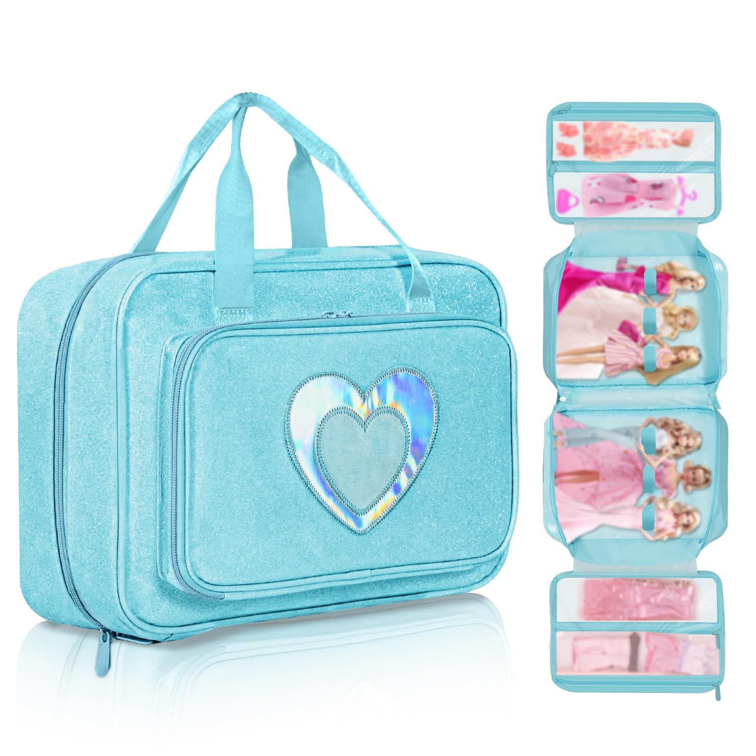 LININYHAO Carrying Case Compatible with Barbie Dolls 12-Inch, Storage Organizer with Handle Holds up to 6 Dolls,Multiple Pockets for Accessories,Toy Storage Box, Blue,Bag Only