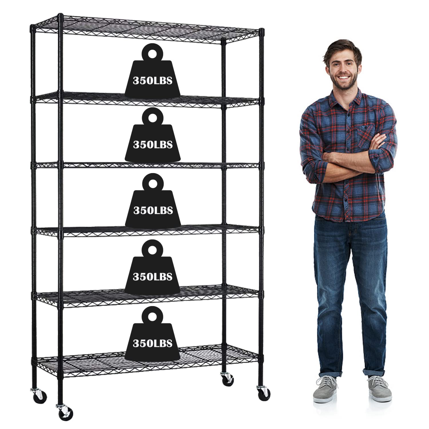 Storage Shelves 6-Tier Wire Shelving Unit Garage Shelving with Wheels 2100LBS Capacity,18" D x 48" W x 78" H Metal Shelves Storage Rack Heavy Duty
