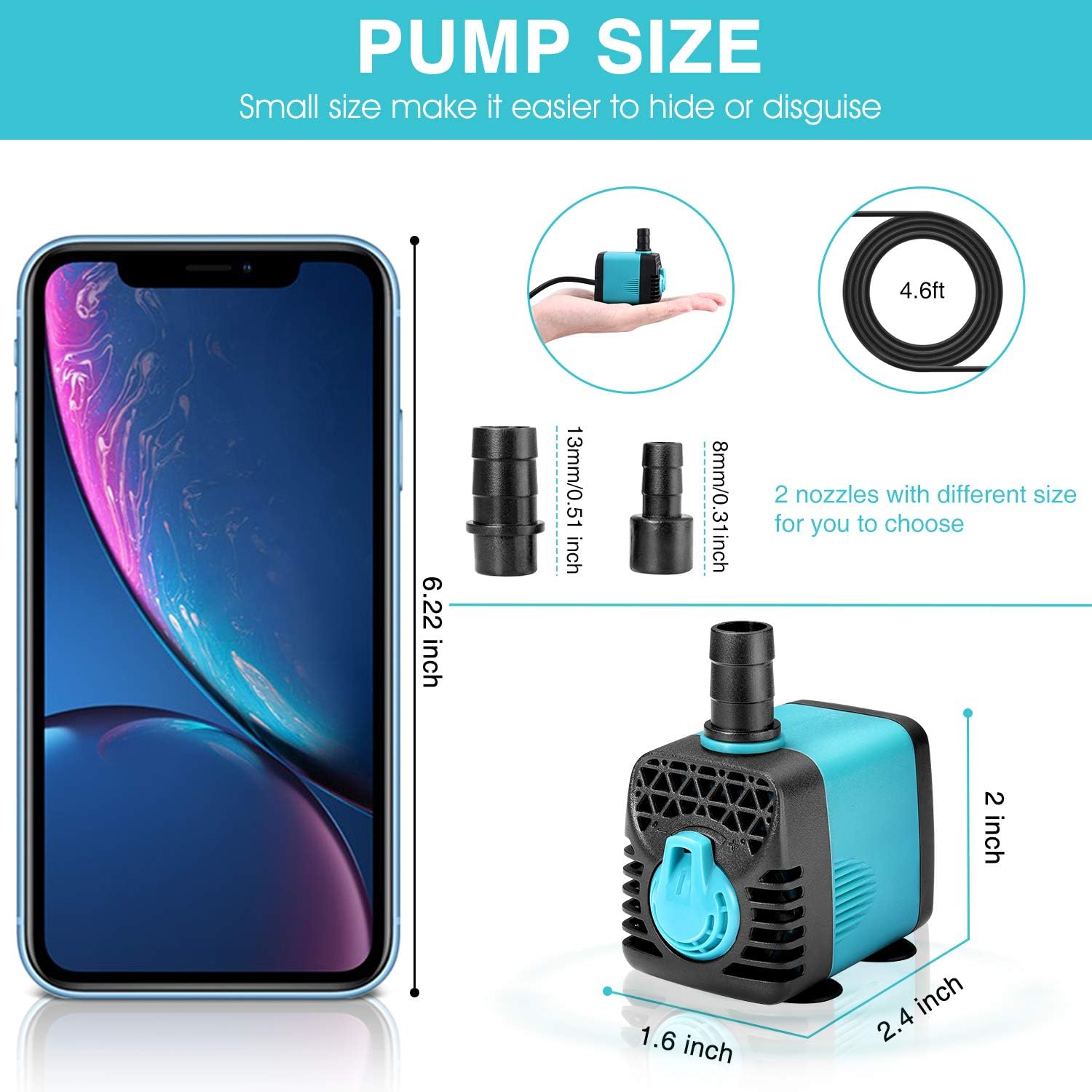 KEDSUM 130GPH Submersible Pump (600L/H,10W), Ultra Quiet Water Pump with 12 LED Colorful Lights, Fountain Pump with 3ft High Lift, 2 Nozzles for Fish Tank, Pond, Aquarium, Statuary, Hydroponics : Pet Supplies