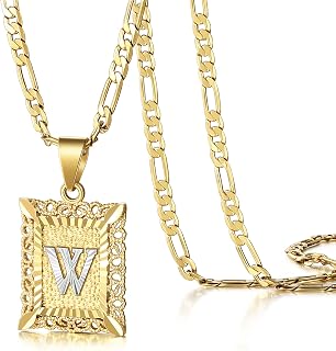 KissYan Initial Letter Pendant Necklace for Women Mens | Two Tone Square Capital Monogram Charm with 14K Gold Plated Figaro Chain, Alphabets from A-Z, Trendy Jewelry Gift
