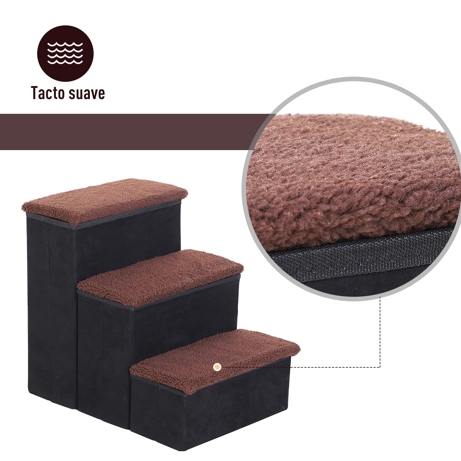 PawHut Escalera para Mascotas de 3 Peldaños Plegable con Tapas Abatibles y Espacio de Almacenamiento 3 Escalones de Perros Gatos Pequeños de Vellón Bereber para Cama Sofá 40x54x48 cm Negro