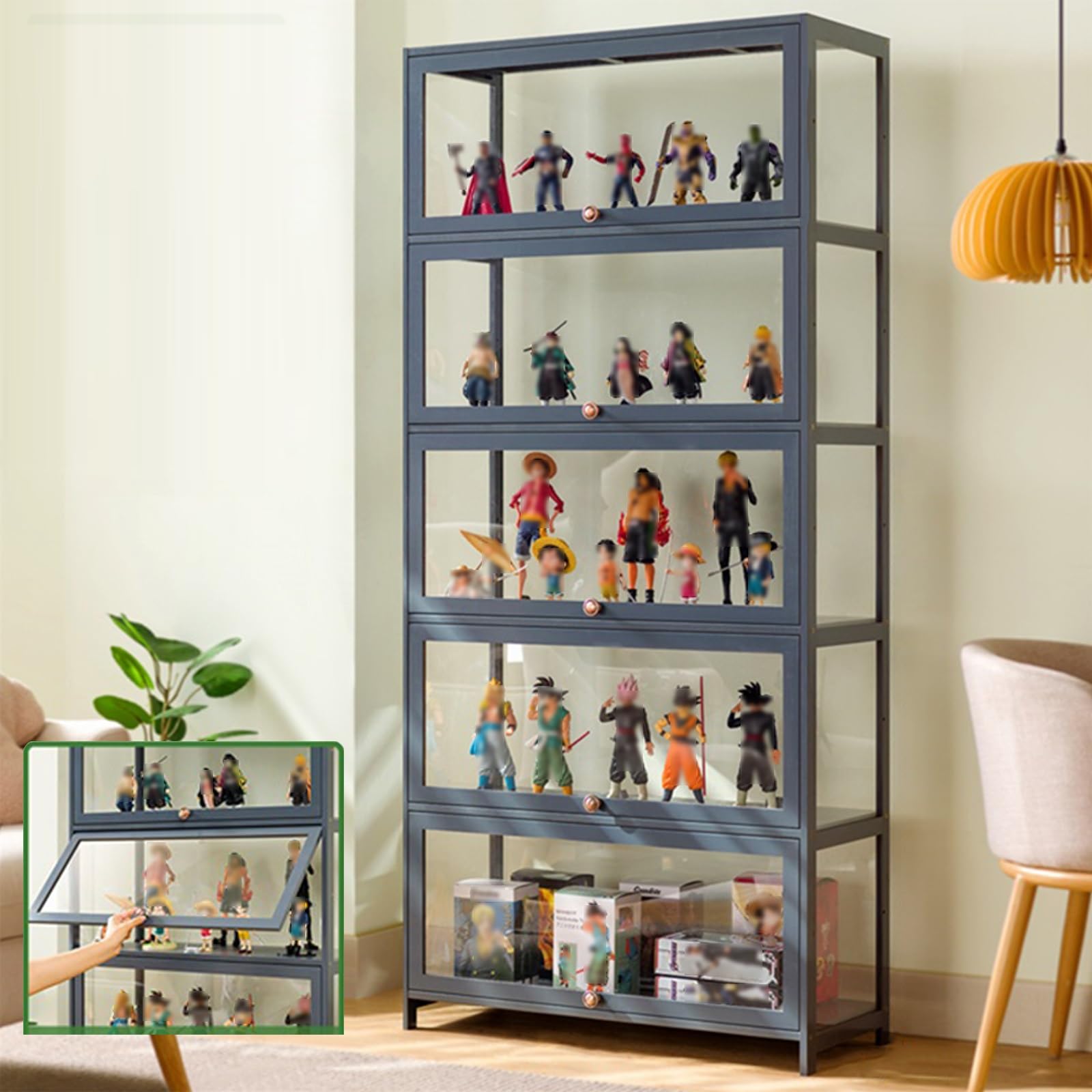 Display Case Flip Door Cabinet Display Shelf ，Cabinet Doorsealed Dustproof Easy to Clean，Bamboo Storage Cabinet or Figures, Collection Display (Color : Grey, Size : 70x32x172cm)