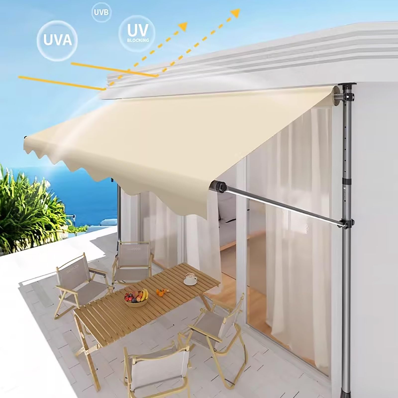Klemmmarkise Balkon 200x120cm Markise Einziehbar mit Handkurbel, UV-beständig Sonnenmarkise, ohne Bohren für Balkon Garten Terrasse, 300x120cm(Dark Green,79x47in)