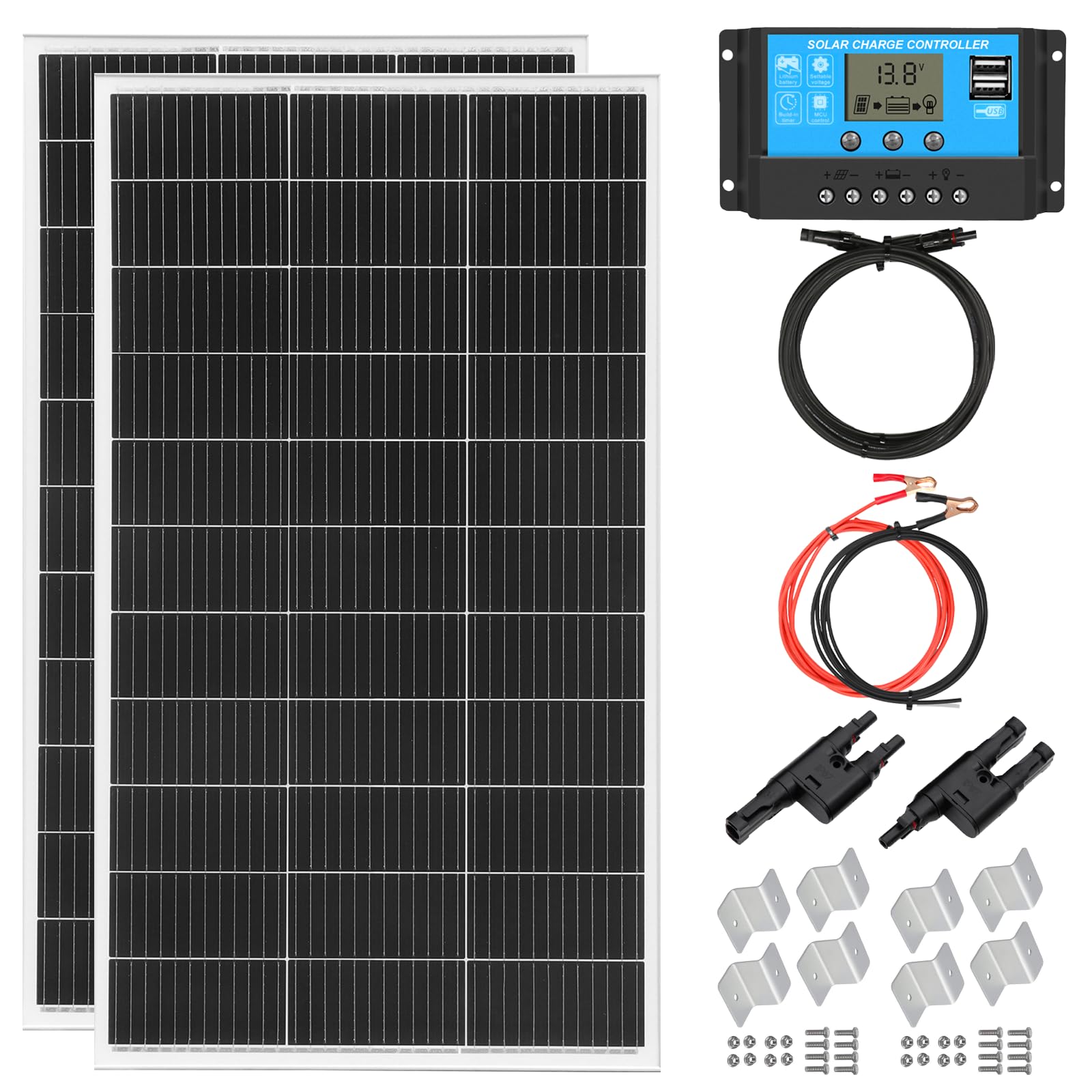 XINPUGUANG 300W Kit Panneau Solaire Camping Car：2pcs 150W Mono Panneau Photovoltaique + Régulateur solaire 30A pour Bateau, Voiture, Caravane, Batterie 12V