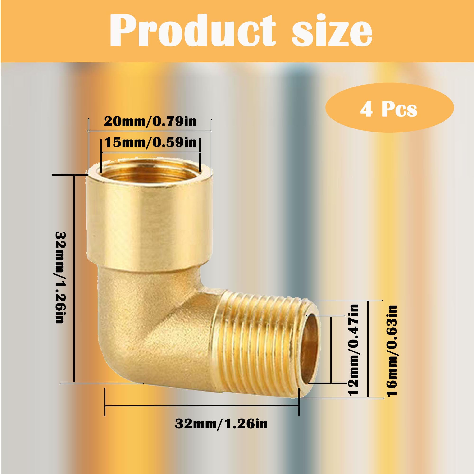 4 Stück Messing Winkel 90°, 3/8" IG/AG, DN 10 Rohrwinkel Bogen, 3/8 Zoll Innengewinde x Außengewinde Sanitär Anschlussstücke Winkel, 90 Grad Messing Bogen für Wasserschlauch