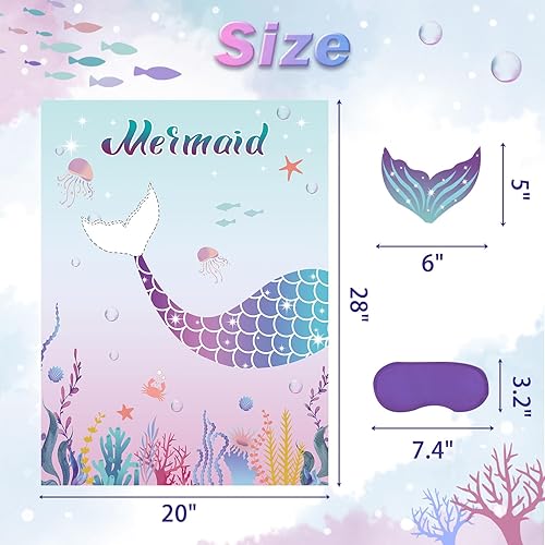 Miniatura 3 de Pin The Tail on The Mermaid - Juego de fiesta con 24 colas para niños y niñas, cumpleaños de 21 x 28 pulgadas (sirena)