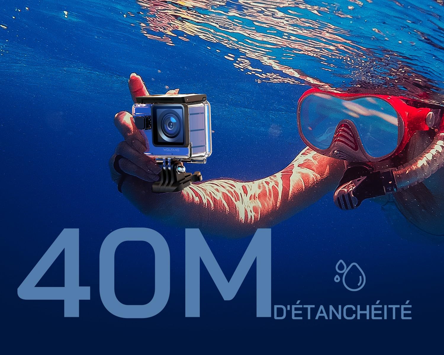 WOLFANG Caméra Sport 4K 60FPS, GA300 24MP Grand Angle Écran Tactile WiFi Caméra Étanche, Zoom 8X Stabilisateur EIS Appareil Photo (Microphone, Télécommande, 2 Piles 1350mAh et Kit d'accessoires)