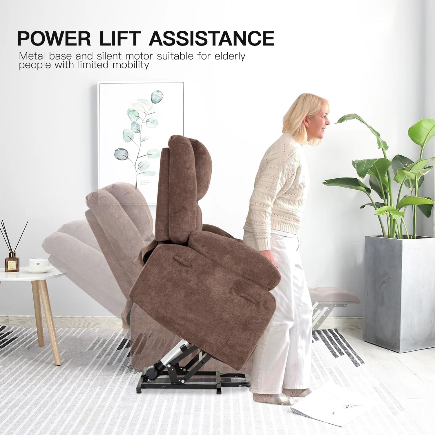 A woman standing up from the recliner chair with the power lift assistance feature, showing the chair tilting forward to aid in standing.