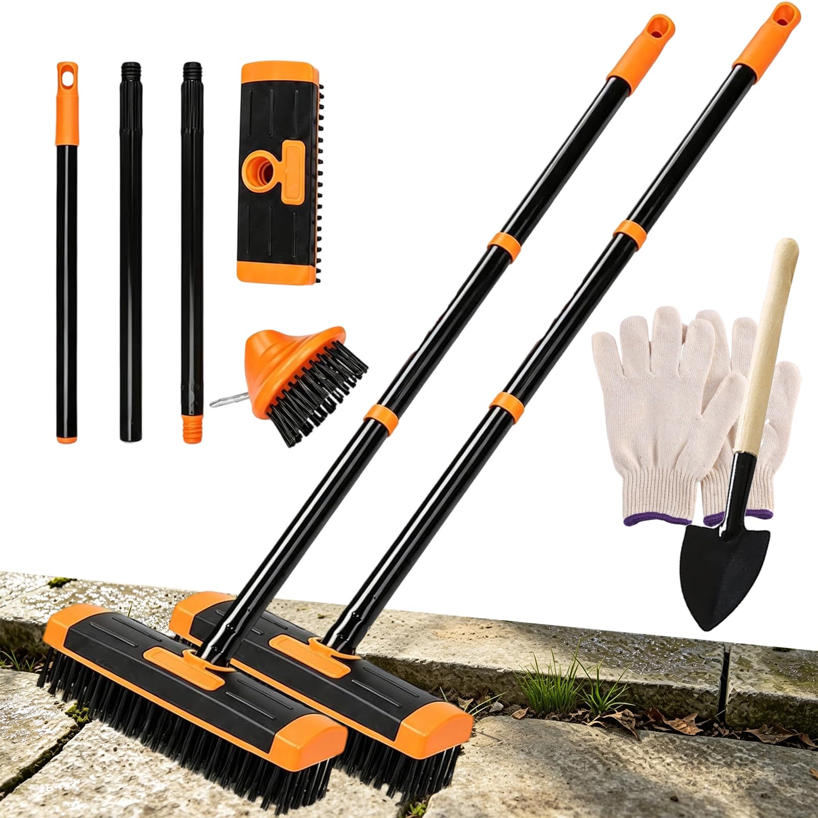 Juego de cepillo versátil 3 en 1, cepillo telescópico de mango largo, extractor de malas hierbas, herramientas de deshierbe para patios, jardín, losas de pavimento, 2 unidades, color naranja