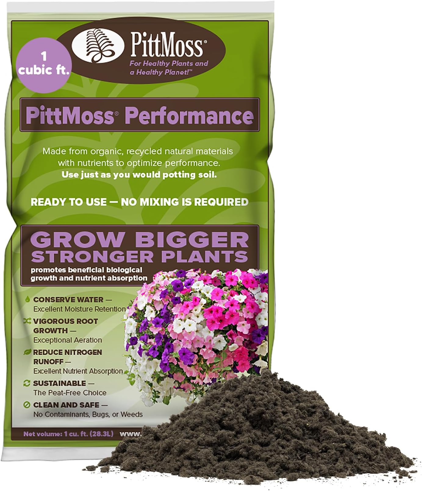 PittMossPerformance Eco-Friendly, Peat-Free Potting Mix, 1 Cubic Foot - Enhanced with Controlled Release Fertilizer for Gardens, Houseplants & More - Made in USA from Recycled Paper