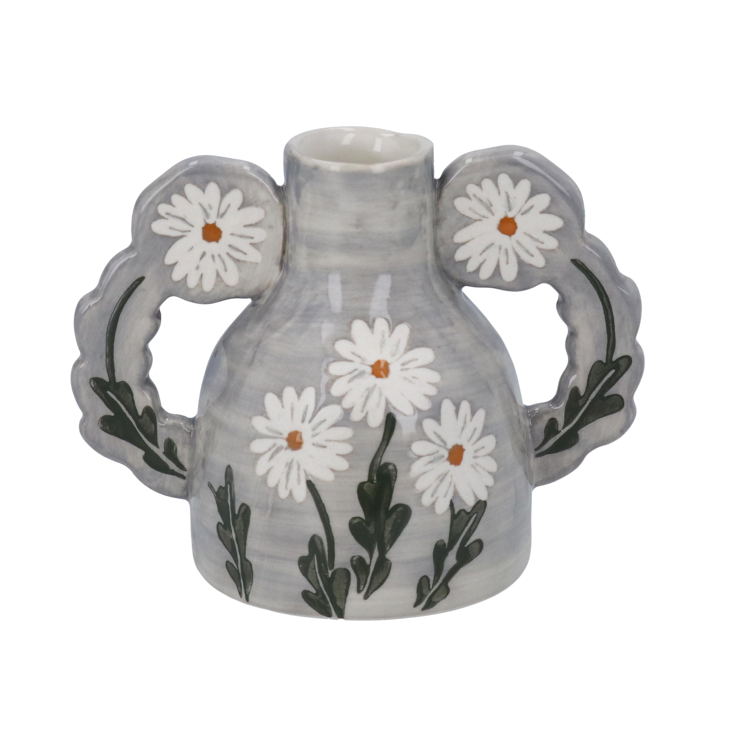 Gisela Graham White And Orange Wild Daisy Design Stoneware Decorative Vase, Mini, 10Cm, Grey
