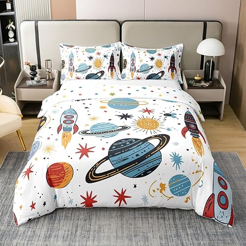 Erosebridal Juego de funda de edredón 100% algodón orgánico para niños y niños, diseño de cohete con naves espaciales, cohete, caricatura, universo,