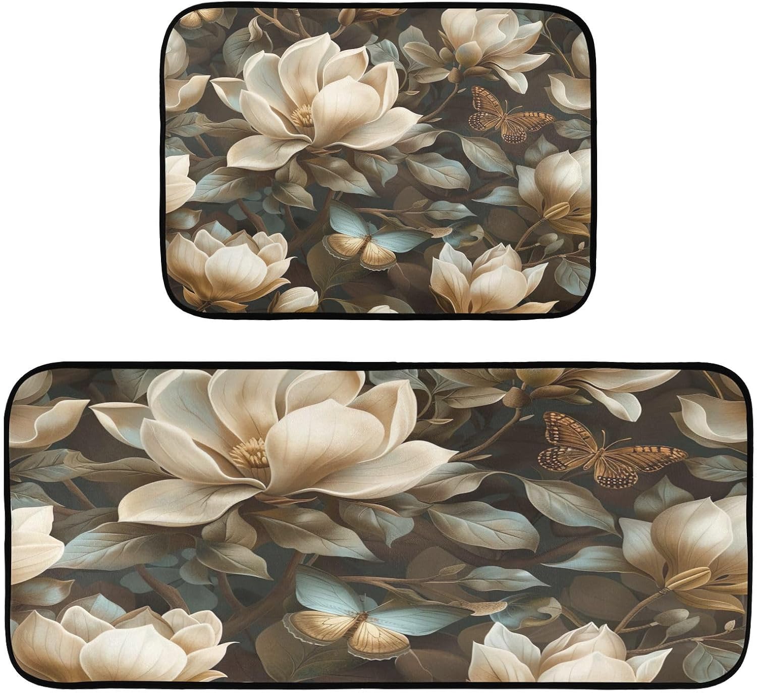 Kitchen Mats Set of 2 Cushioned Comfort Non-Slip Absorbent Washable Kitchen Rugs, Magnolia Flowers Floor Mats for Home