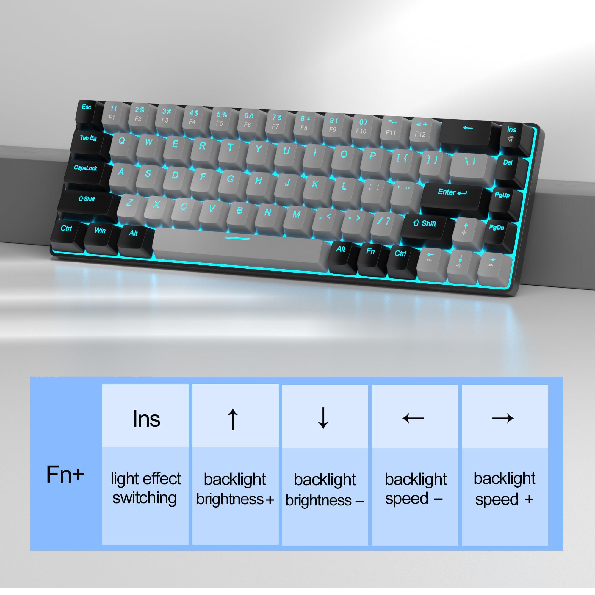 MageGee Teclado mecánico portátil 60%, MK-Box retroiluminado azul hielo, 68 teclas para juegos y oficina con cable, interruptor azul para Windows, laptop, PC, Mac