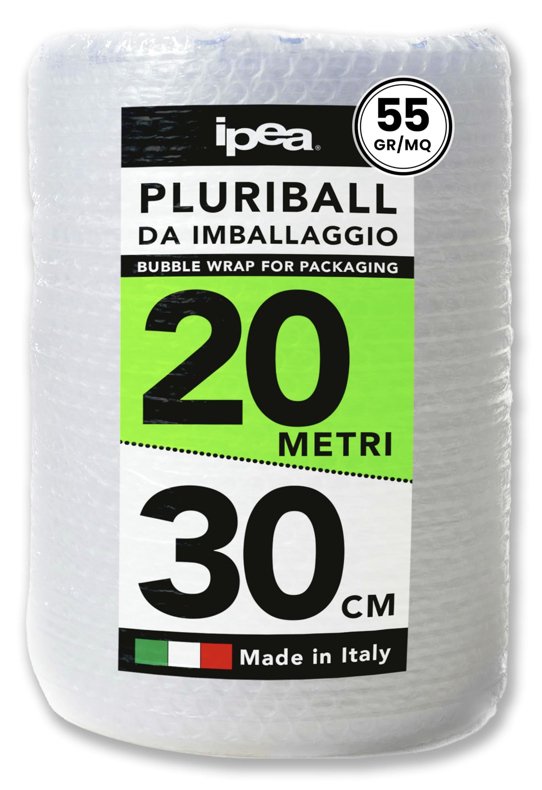 IPEA Rollo de Plástico de Burbujas para Embalaje y Envío – 20 Metros x 30 cm – Made in Italy – Pluriball - Burbujas de Aire Protección, Acolchado, Embalaje Objetos – Resistente Desgarro - 55 gr/mq
