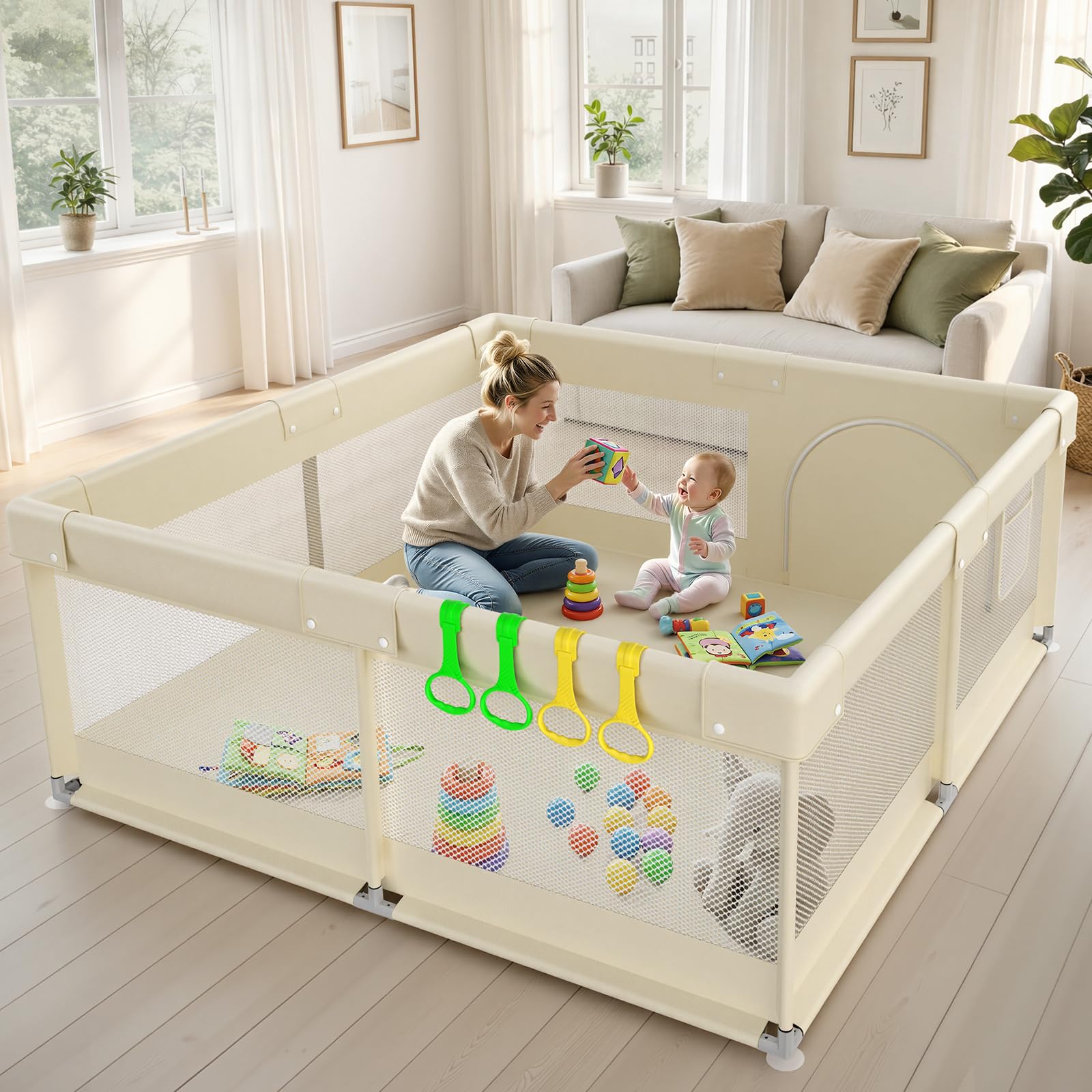Amazon.com : ZEEBABA Beige Baby Playpen 59x59 in, Playpen for