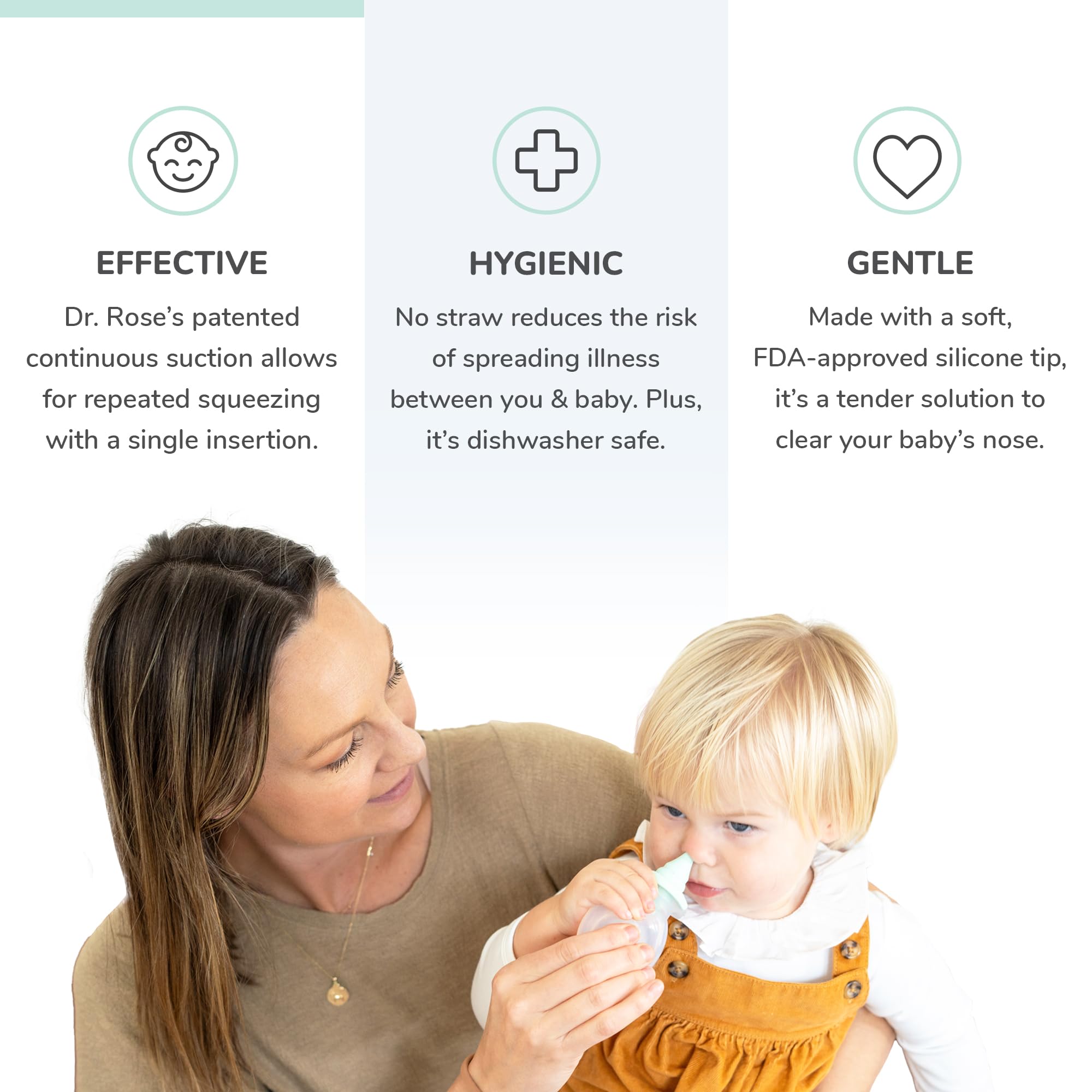 Dr. Rose's - Aspirador nasal para bebé, succión de mocos de doble succión patentada por pediatra para bebé, recogedor de mocos de bebé diseñado por pediatras, ventosa de fácil limpieza para bebé,