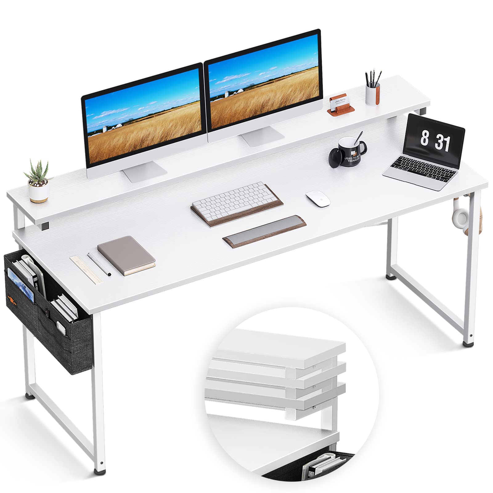 Photo 1 of ODK Computer Desk with Adjustable Monitor Shelves, 63 inch Home Office Desk with Monitor Stand, Writing Desk, Study Workstation with 3 Heights (10cm, 13cm, 16cm), White + White Leg 63 inch White + White Leg