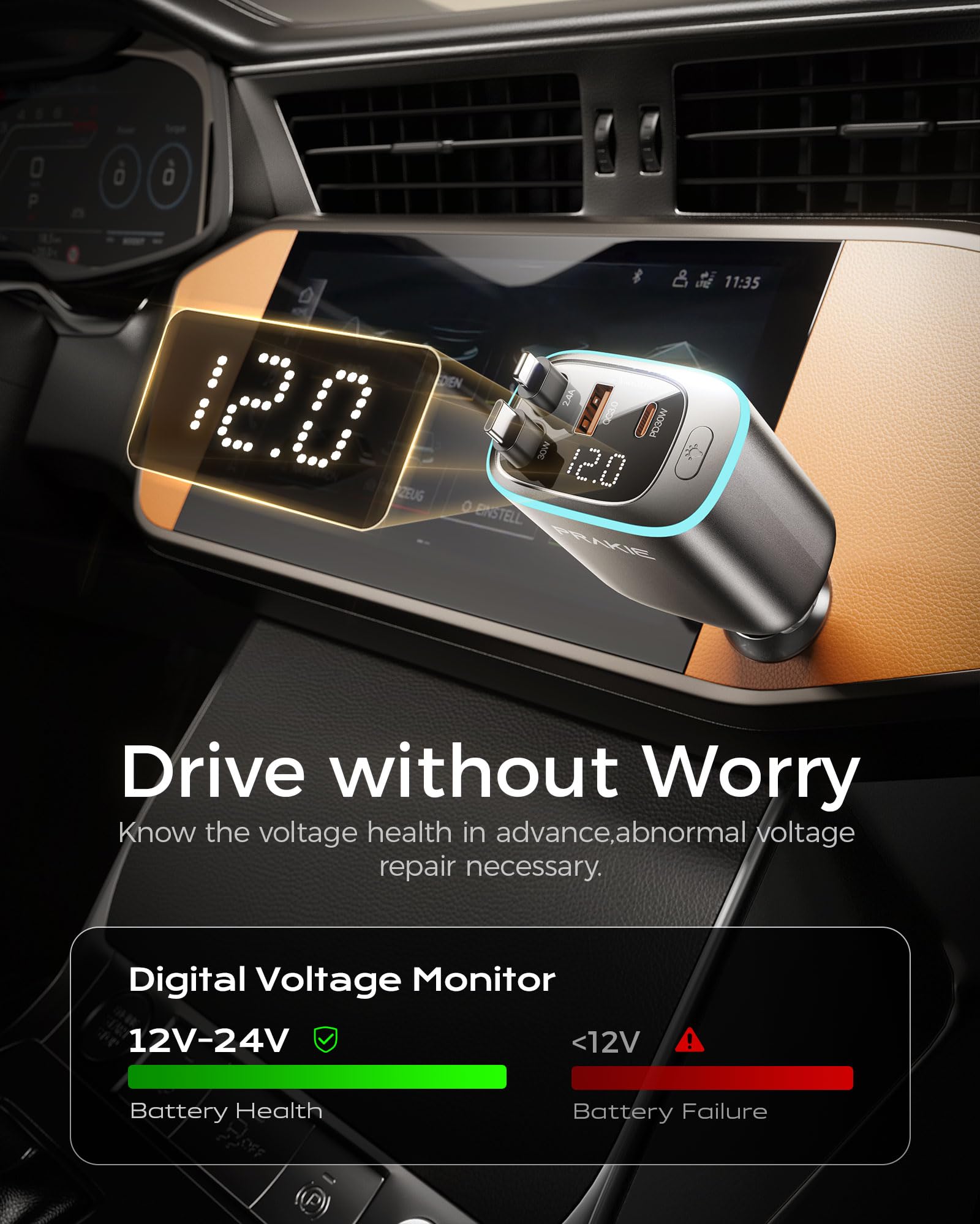 Cargador de coche 4 en 1, cargador retráctil para iPhone, cargador de teléfono USB C, encendedor de cigarrillos con 2 cables de 30 pulgadas y 2 puertos USB, carga USB multipuerto para iPhone 16/15/14