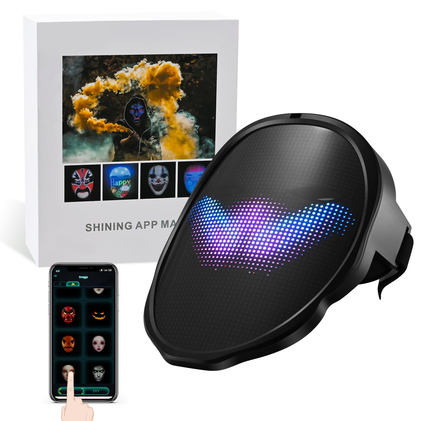 Tnamdan Led Mask LED Luminous Mask with App Control, 45 Animations, 70 Pictures, Models/Texts DIY, Photo Loading and LED Mask Halloween Mask Scary Luminous Masks