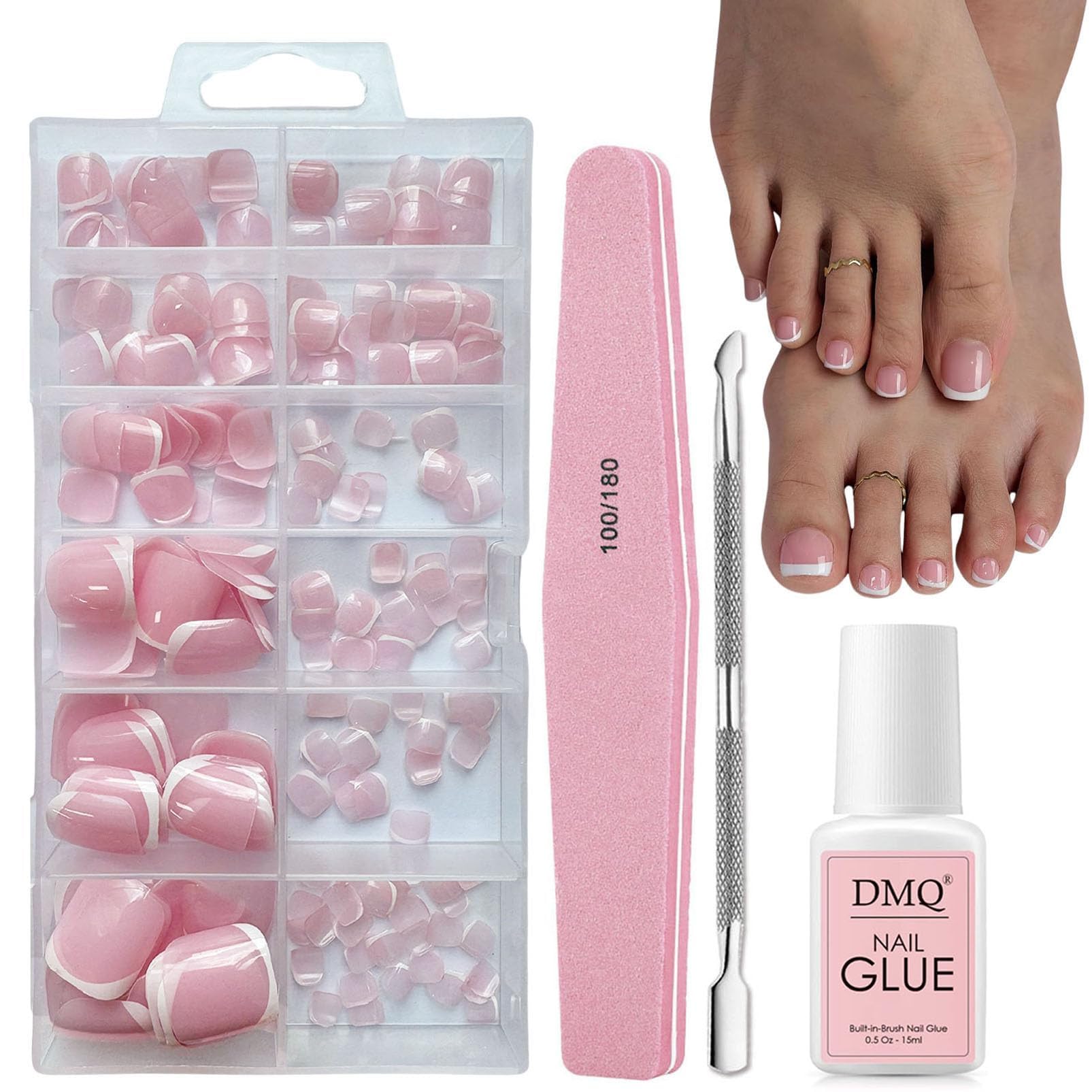 French Press on Nails for Toe, 240Pcs Square False Toenails Short, French Tip Fake Toe Nails, Full Cover Stick on Toenails with Glue for Women Nail Art Manicure Decorations