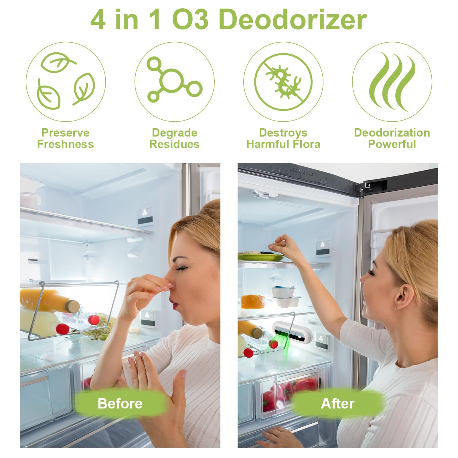 Dezodorator do lodówki z 3 trybami, monitorowanie temperatury i poziomu baterii, eliminator zapachów w lodówce z wyświetlaczem LED, ładowalny odświeżacz powietrza do szafy, zwierząt domowych