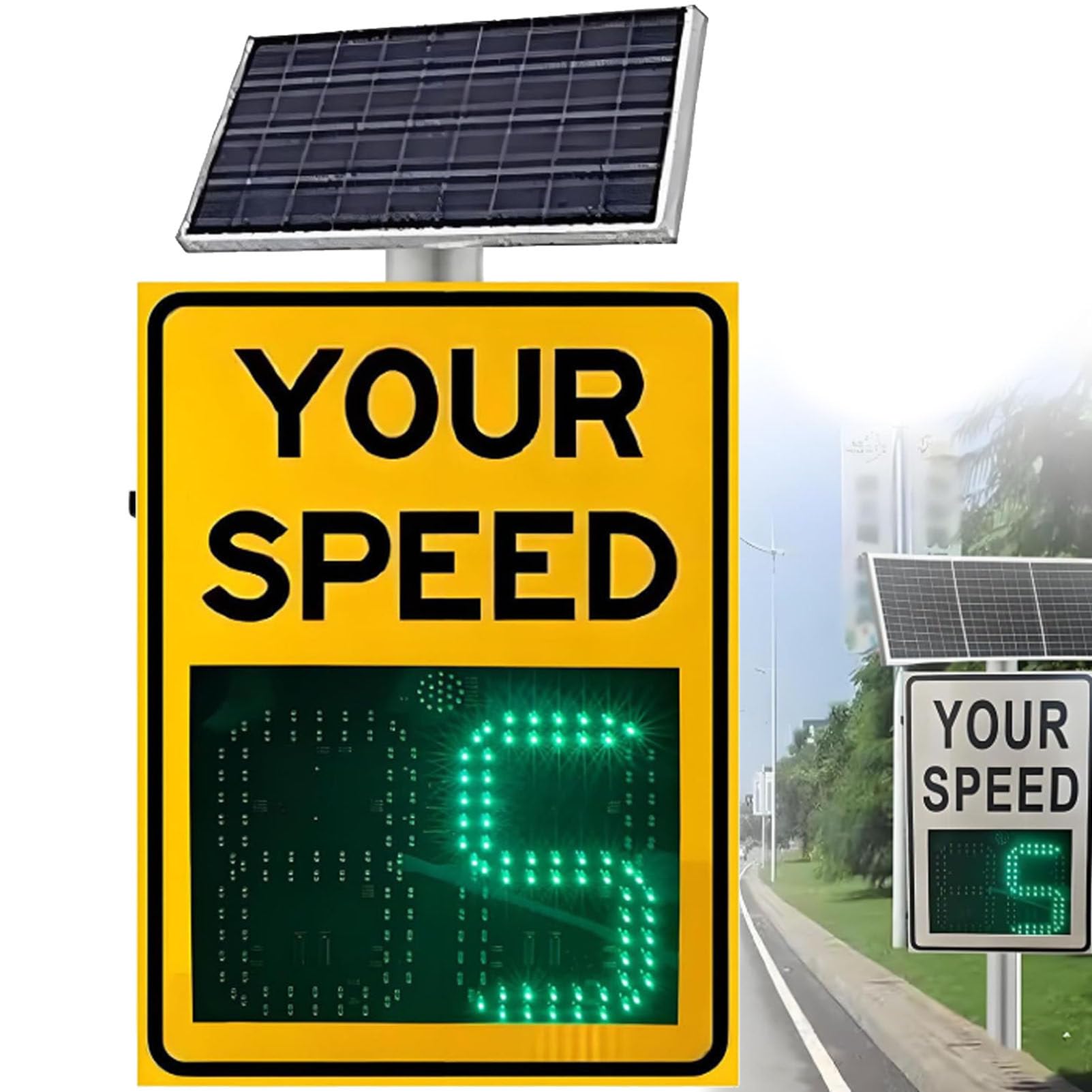 Señal de Radar de 71 x 50 cm, Resistente a la Intemperie, con energía Solar, indicador de Velocidad LED, con Control Remoto, Ideal para Carreteras con límite de Velocidad Yellow