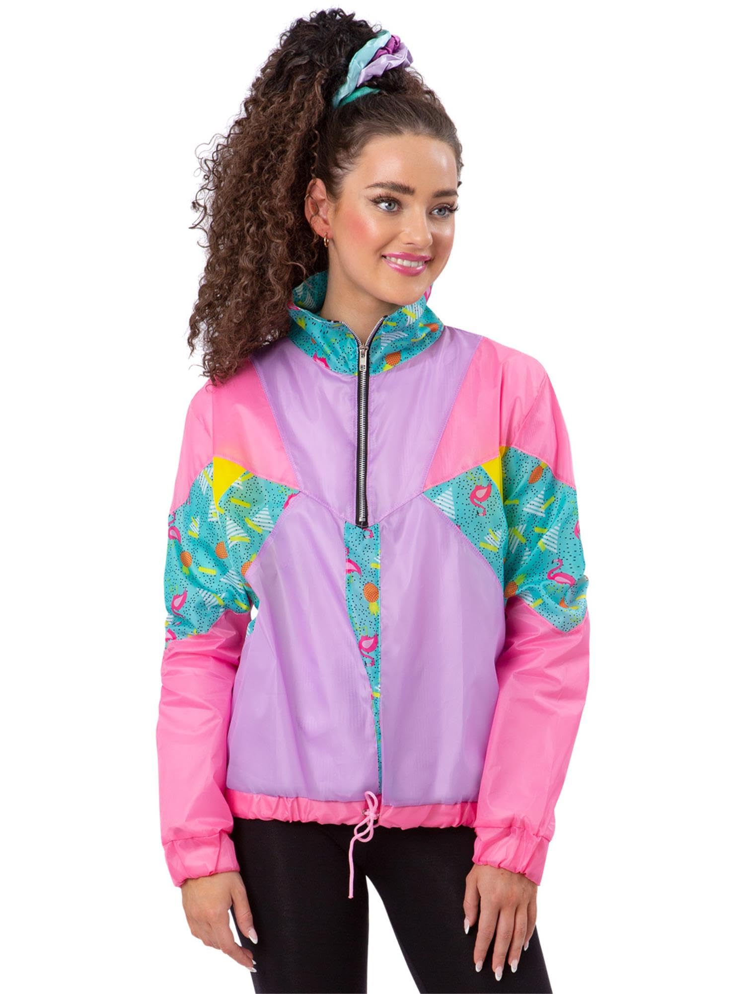 Smiffys Ladies 80s Pastel Windbreaker Jacket Small Retro Shell Suit Style Neon Pink and Purple Fancy Dress Top for 1980s Themed Parties Festivals and Workout Costumes