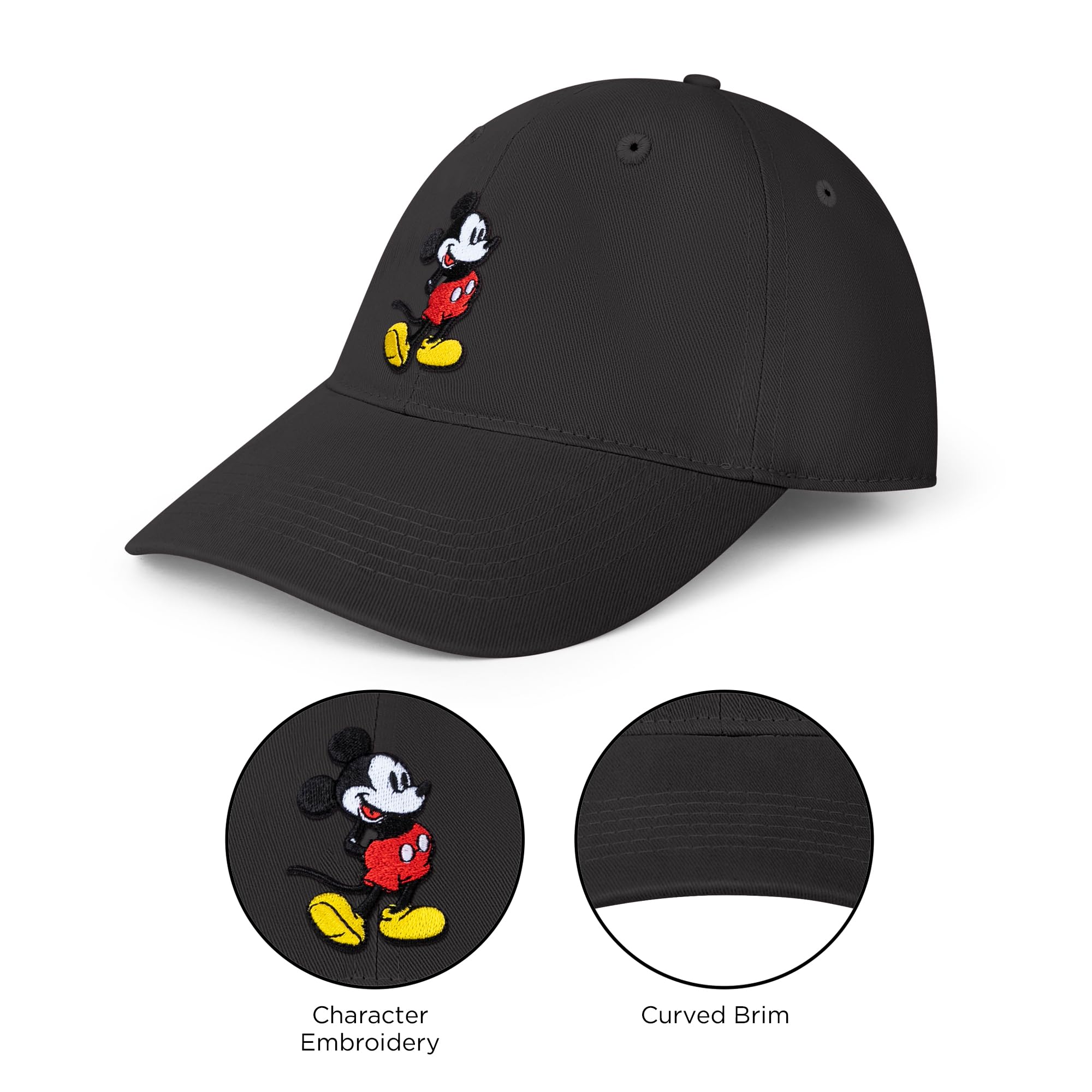 Disney Men's Standard Adult Baseball Cap, Mickey Mouse Adjustable Dad Hat, Black, ONE Size