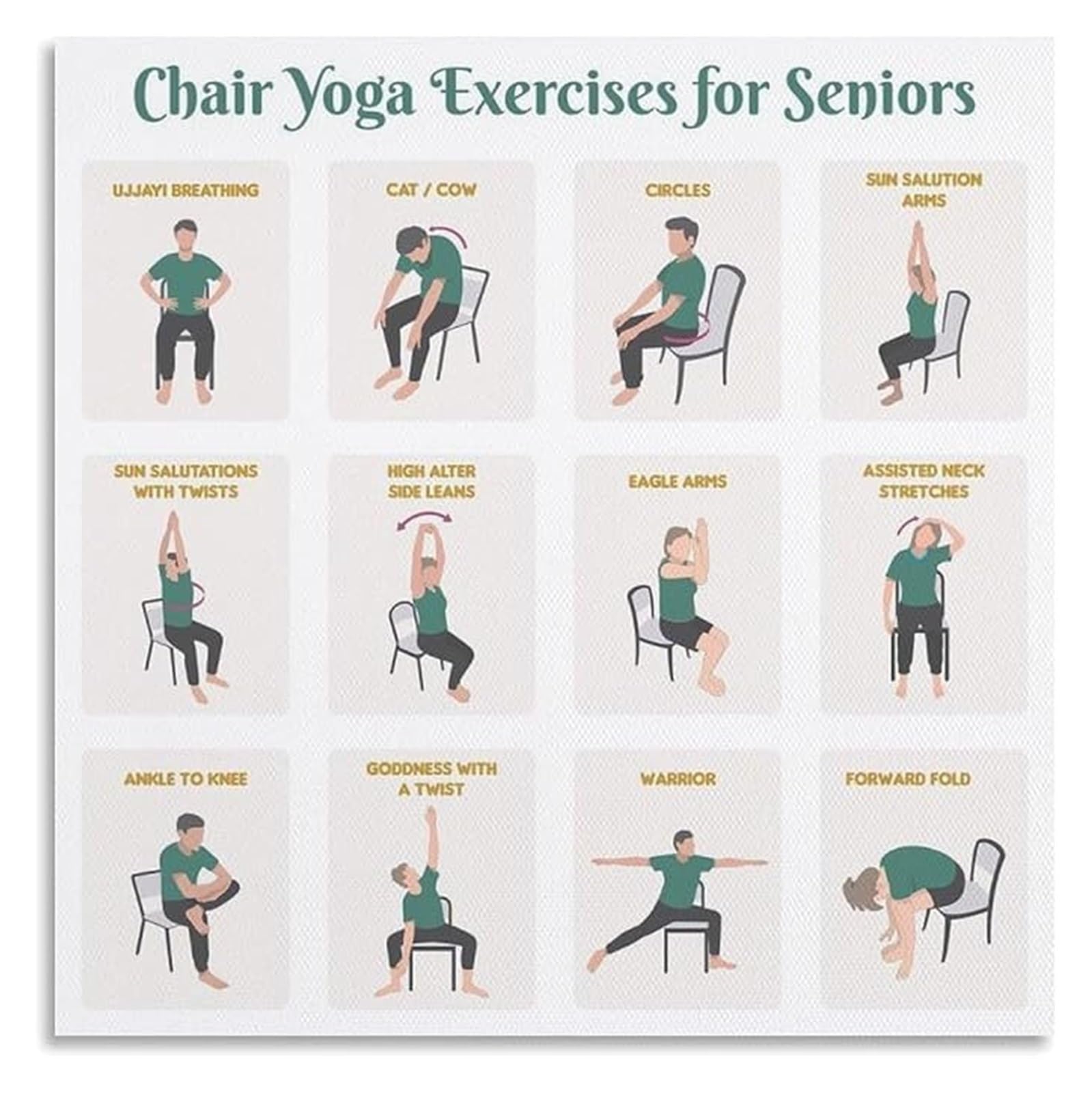 FNYUVNFAF Senior Chair Yoga Pose Chart Canvas Print Seated Workout Guide Flexibility Exercise Poster Wall Decor Living Room Bedroom Home Gym Framed,12x18inch(30x45cm)