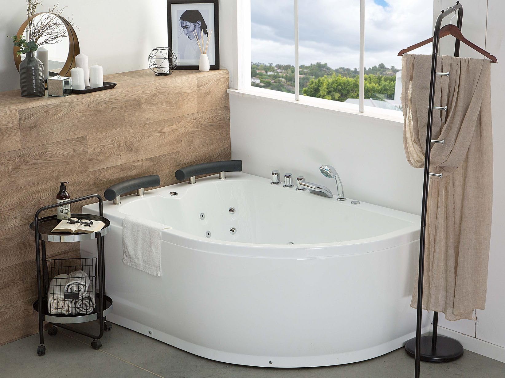 Bañera de hidromasaje de acrílico sanitario blanco con LED derecha doble 158 x 113 cm diseño moderno Paradiso