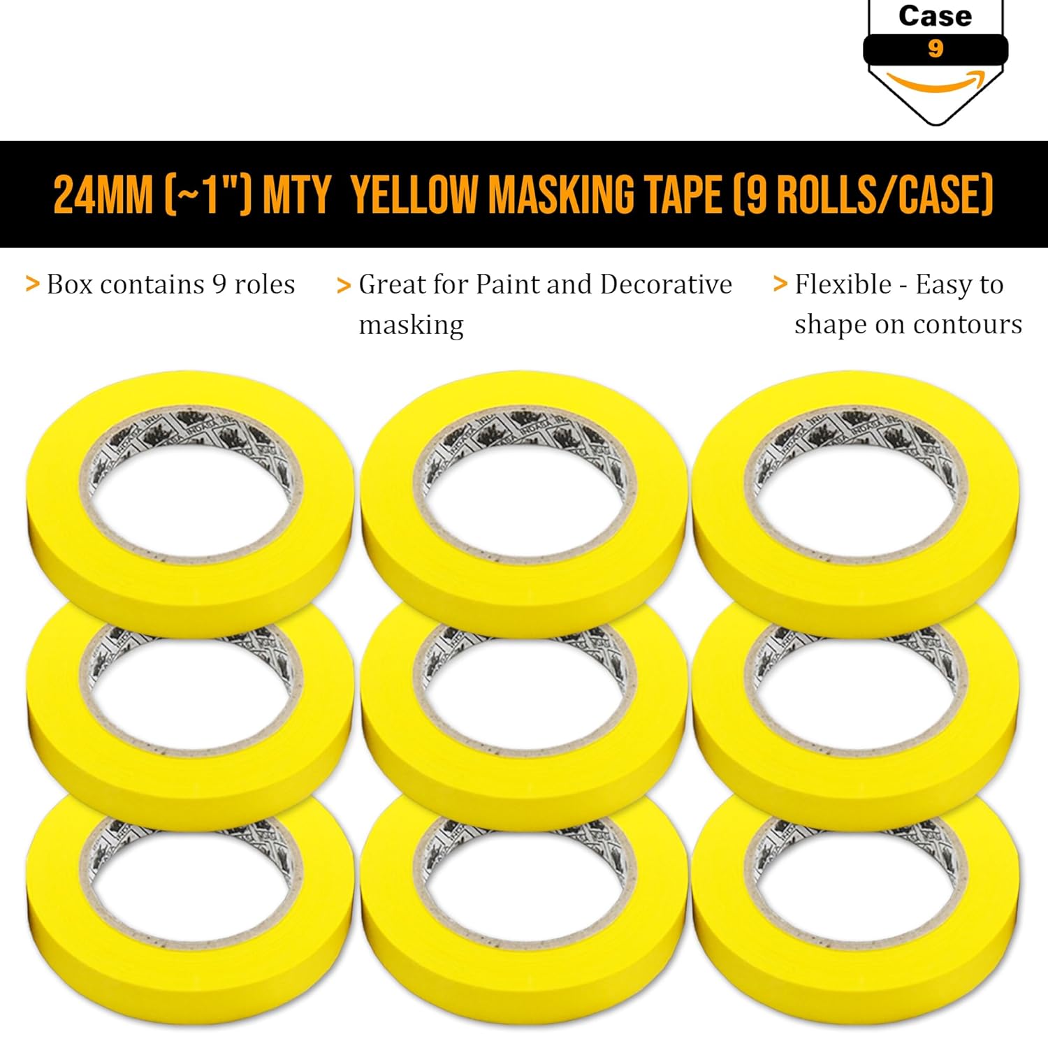 INDASA 1" x 50m Yellow Masking Tape, 9 Case – High-Temp Resistant, Waterproof, No Residue, Waterproof – for Automotive, Industrial, & Painting Applications