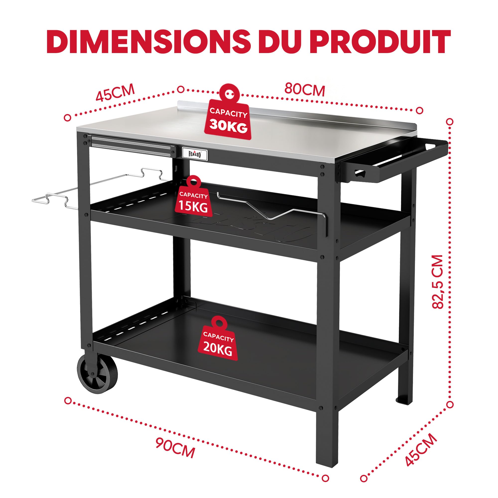 Feasto Desserte de Jardin avec Plateau en Acier INOX, Chariot pour Plancha à 3 étagères avec Barre Magnétique, Idéal pour Jardin et Terrasse, 90 x 46 x 82,5 cm