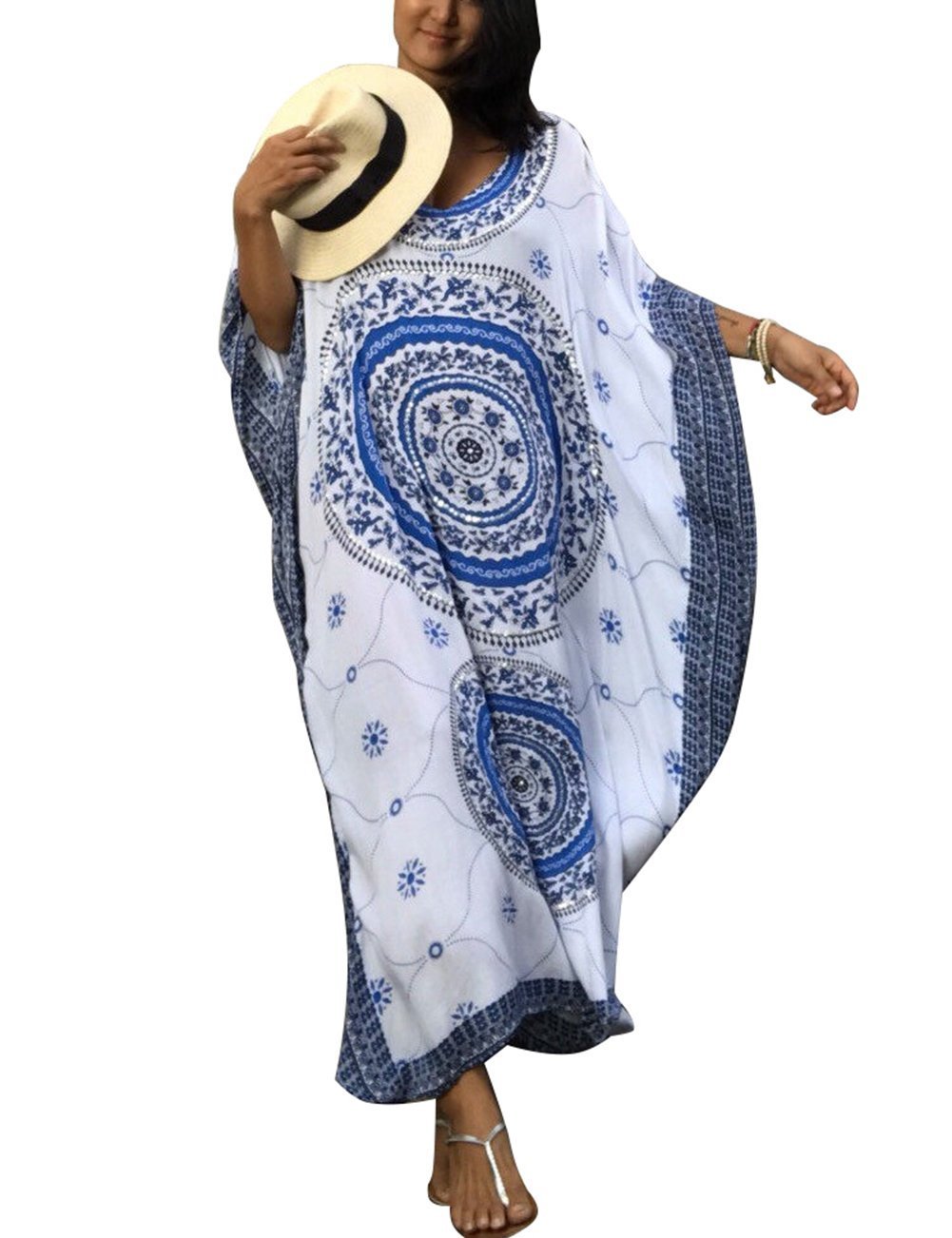 Women's Swimwear Cover Up Caftan Beach Long Dress Kaftans Swimsuit Cover up Print Chiffon Rayon Swimwear