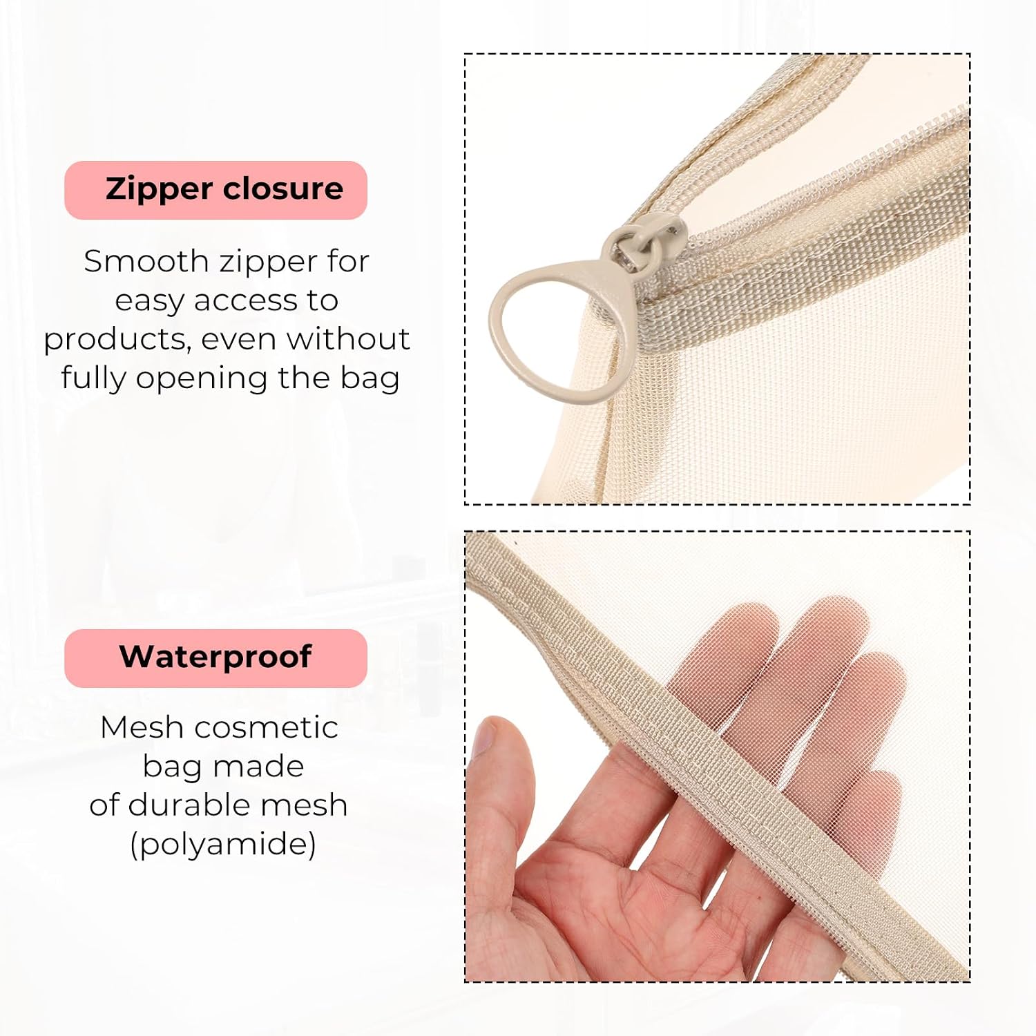 3 PCS Makeup Brush Pouch, Mesh Makeup Bag, Nylon Zipper Pouch, Mesh Makeups Brush Bag, Portable Clear Travel Cosmetic Bags, Small Organizer for Home Office Accessories