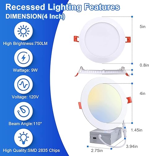Miniatura 4 de Luz LED empotrada de 4 pulgadas (paquete de 40) - 2700 K3000 K3500 K4000 K5000 K con caja de conexiones, luz descendente delgada y regulable -