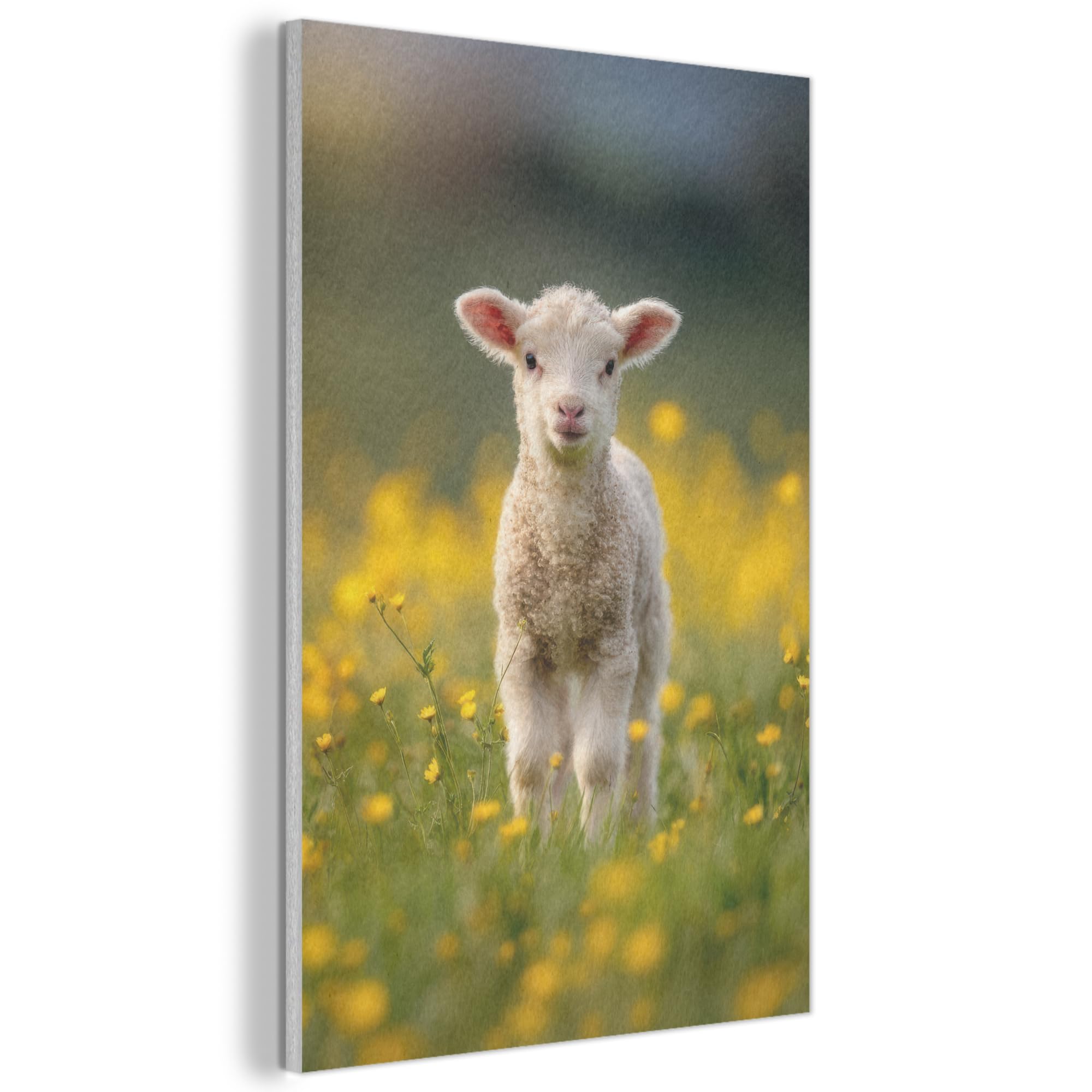 MuchoWow© Felt Panel 60x90 cm Framed Design Print Accent Interior Wallart Decoration Wall Art Lamb - Grass - Flowers - Yellow