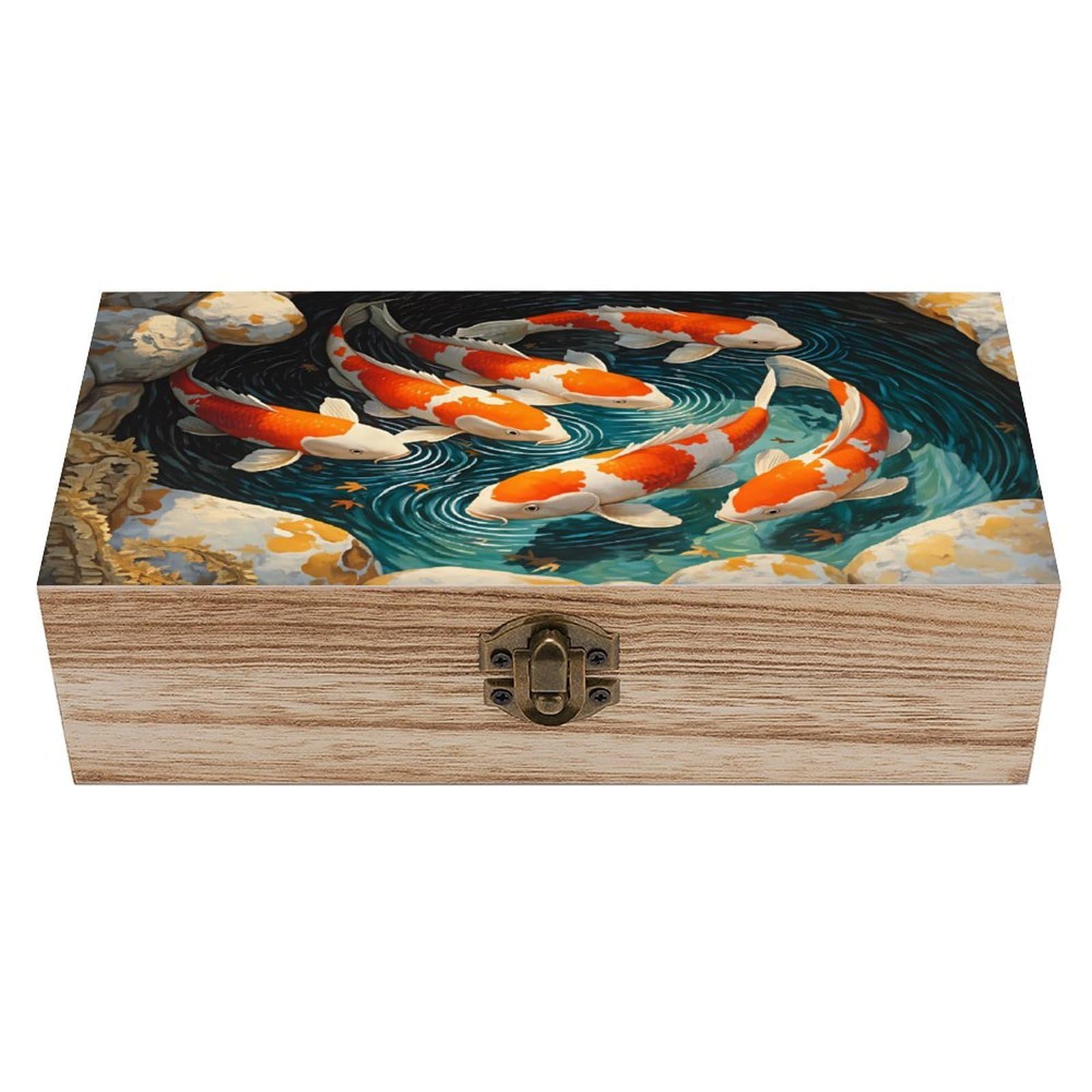 SMAZDFXX Koi Fish Wooden Keepsake Box Vintage Solid Wood with Hinged Lid 7.9"×3.7"×2.3" Metal Latch Rustic Home Decor for Jewelry Photos And Trinkets