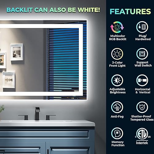 Miniatura 2 de YEELAIT Espejo de baño LED RGB de 20 x 28 pulgadas, luz frontal y retroiluminado RGB, espejo de tocador para baño, montado en la pared, regulable,