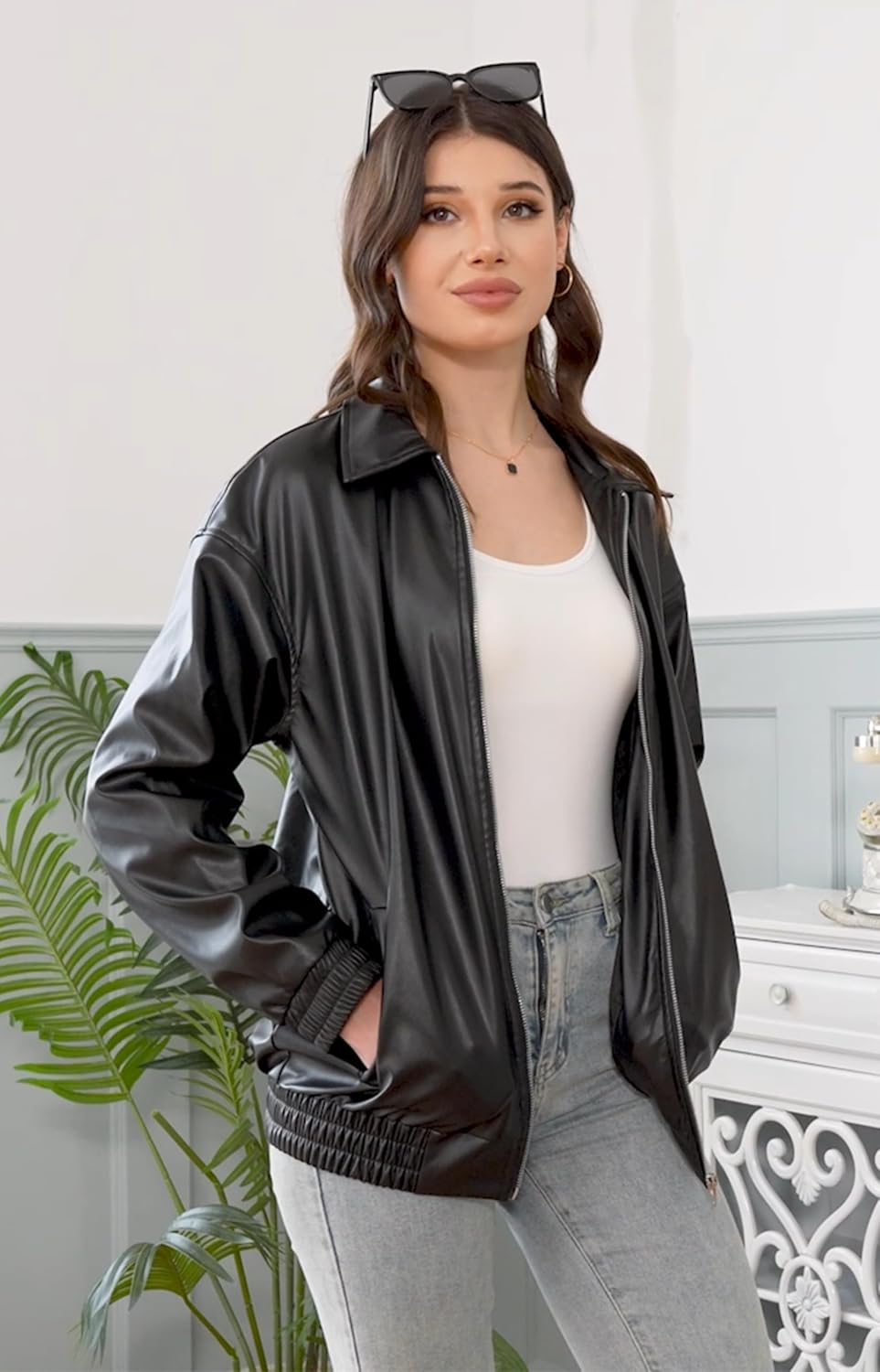 We1Fit Womens Oversized Faux Leather Jacket 2025 Fashion Outfits Motorcycle Zip Up Bomber Biker Coats Winter Fall Clothes - Image 5