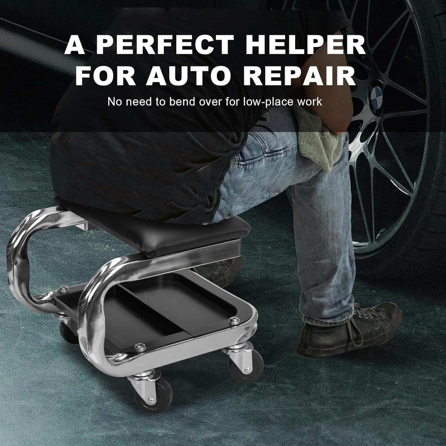 AR7451B Torin Heavy Duty Rolling Creeper Garage/Shop Seat: Padded Mechanic Stool with Tool Tray Storage and Cup Holder, Black