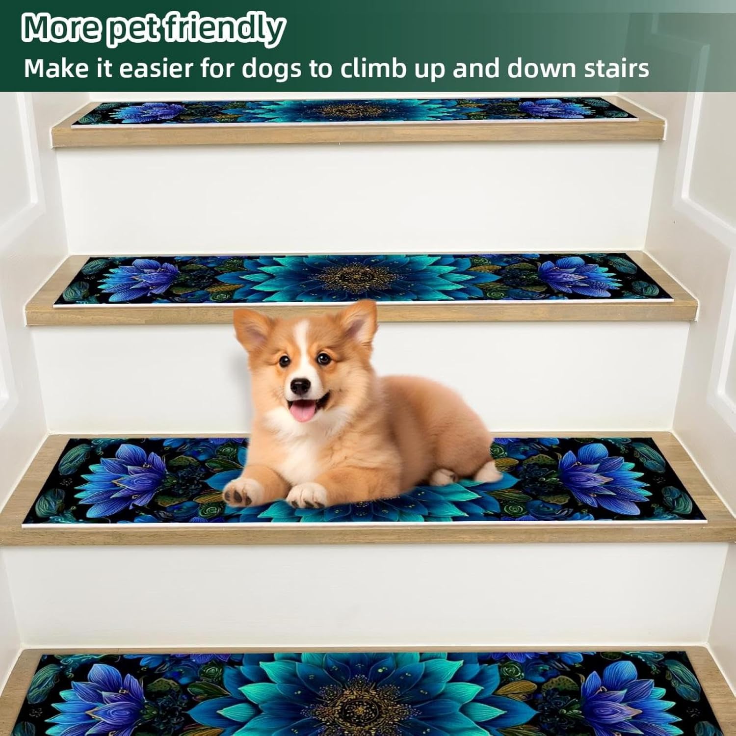 15 pcs Stair Treads 8"x30", Mandala Floral Blue Dark (2) Indoor Stair Runners Carpet Stair Tread,Watercolor Non-Slip Staircase Step Treads for Kids,Elders,Pets